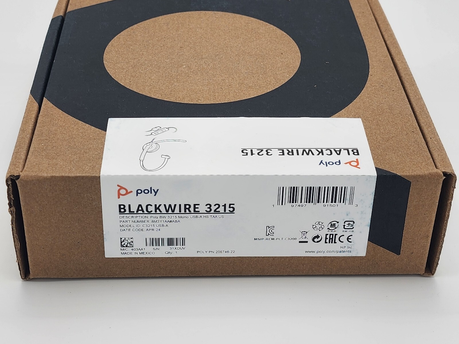 Poly Plantronics Blackwire 3215 Monaural USB-A Headset w USB-A to USB-C Adapter