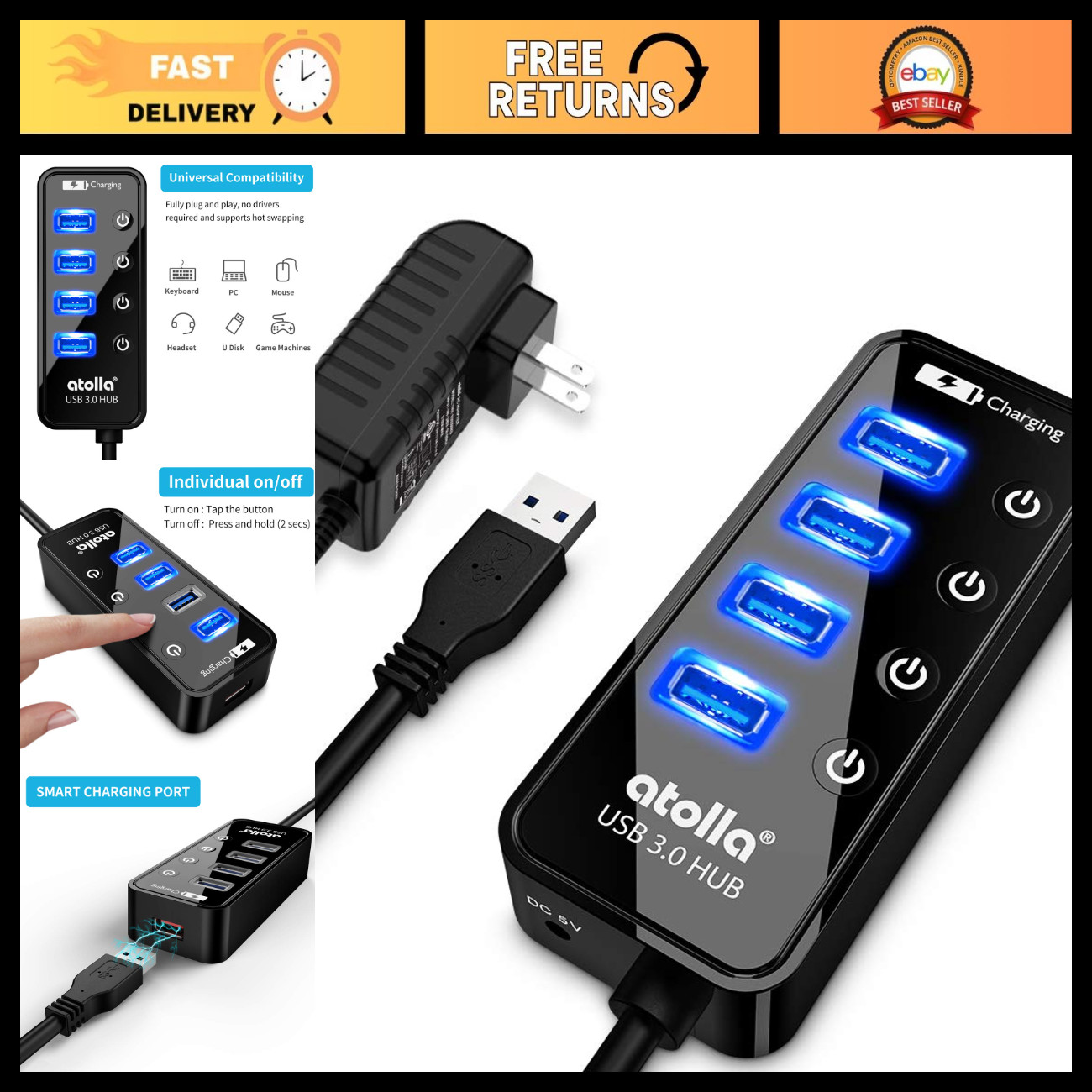 4-Port USB 3.0 Hub with Smart Charging, Individual On/Off Switches & 5V/3A Adapt