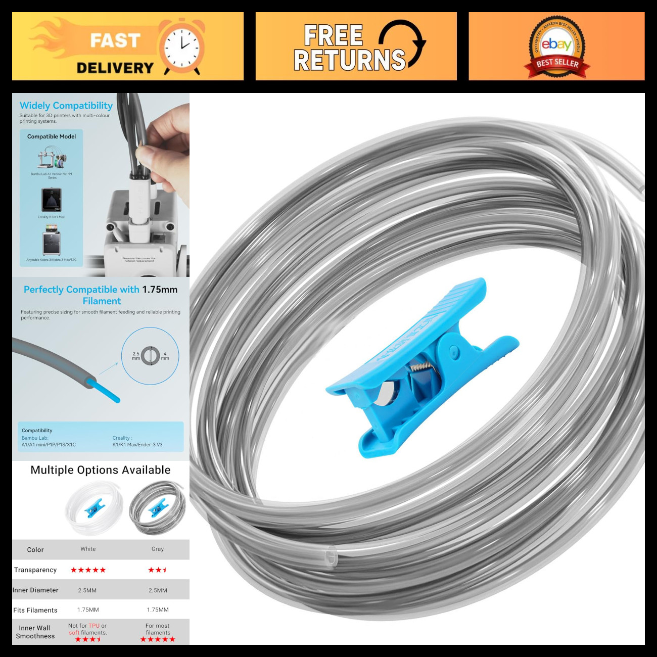 Ultra-Smooth PTFE Bowden Tube 1.75mm Filament Cutter 5M Length 2.5mm ID x 4mm OD