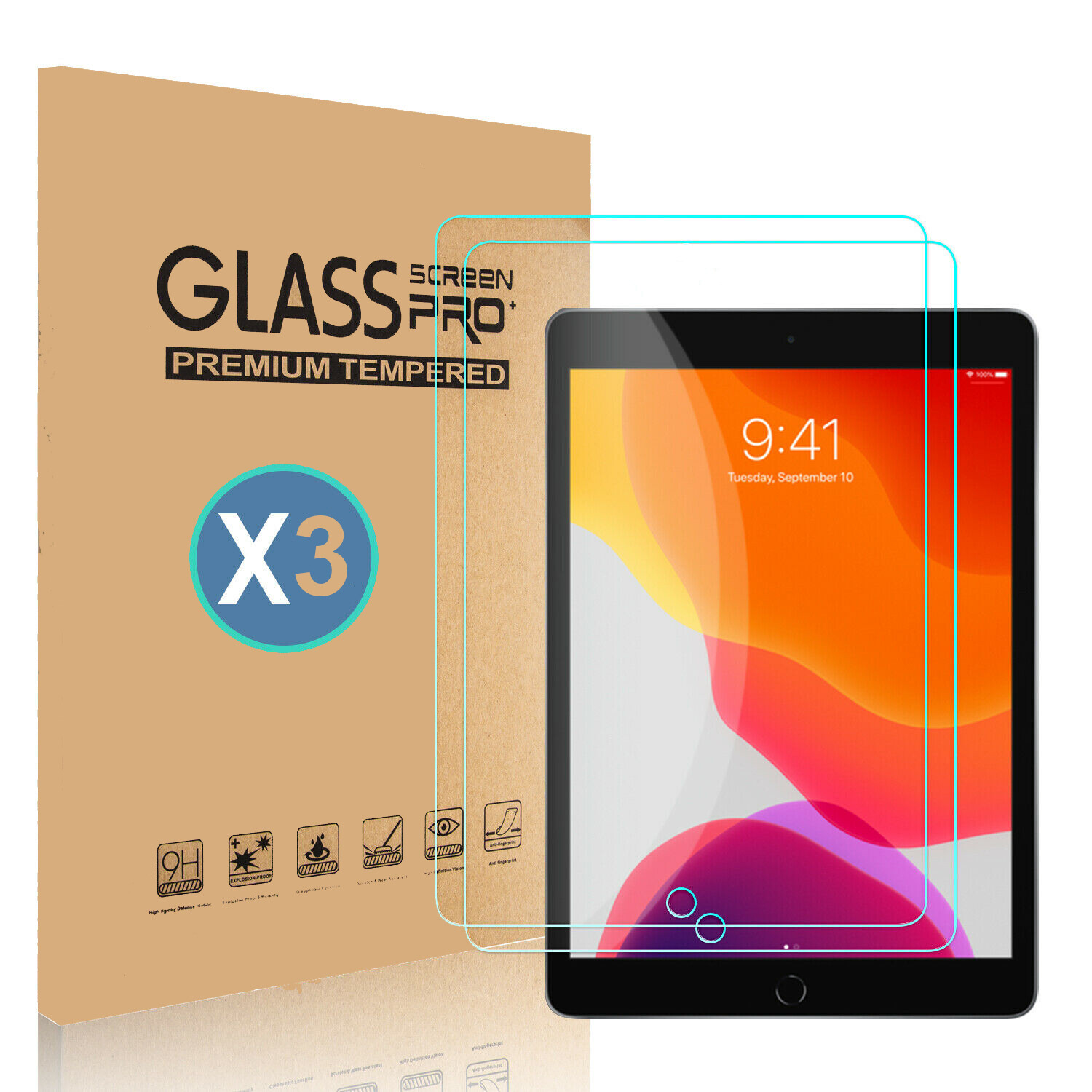 3-Pack Tempered Glass Screen Protector Cover For i Pad 10.2 inch 2019 7th Gen HD