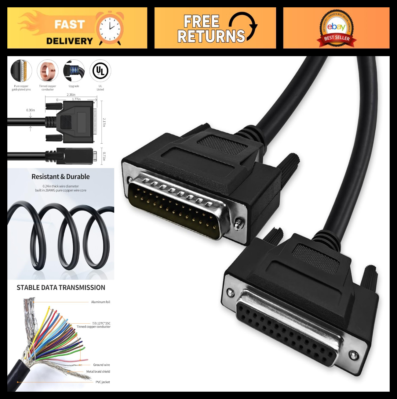 25 Pin DB25 Serial Cable 3.3ft Straight Through, Double Shielded, Female to Male