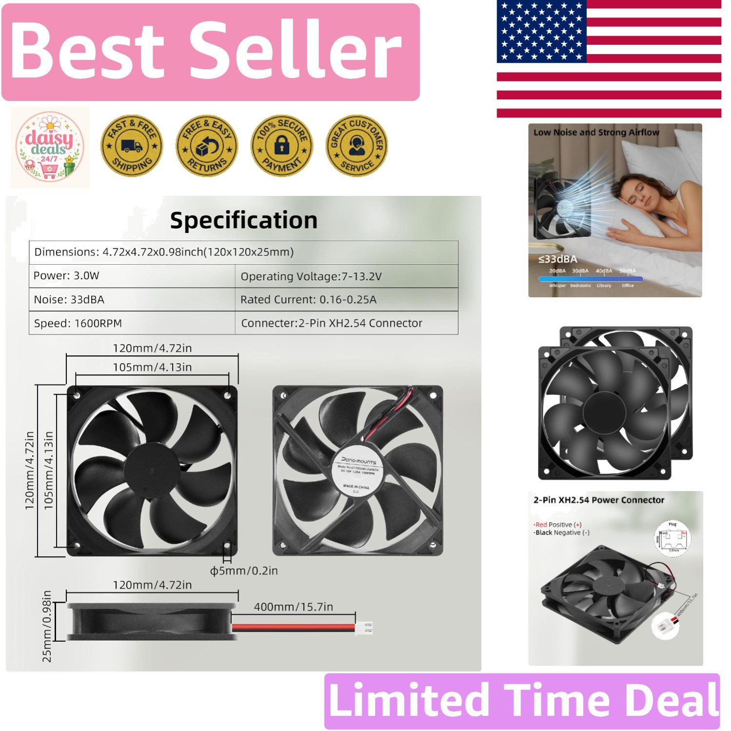 Versatile 120mm Cooling Fans 2-Pack - 12V DC, Quiet Operation, Easy to Install