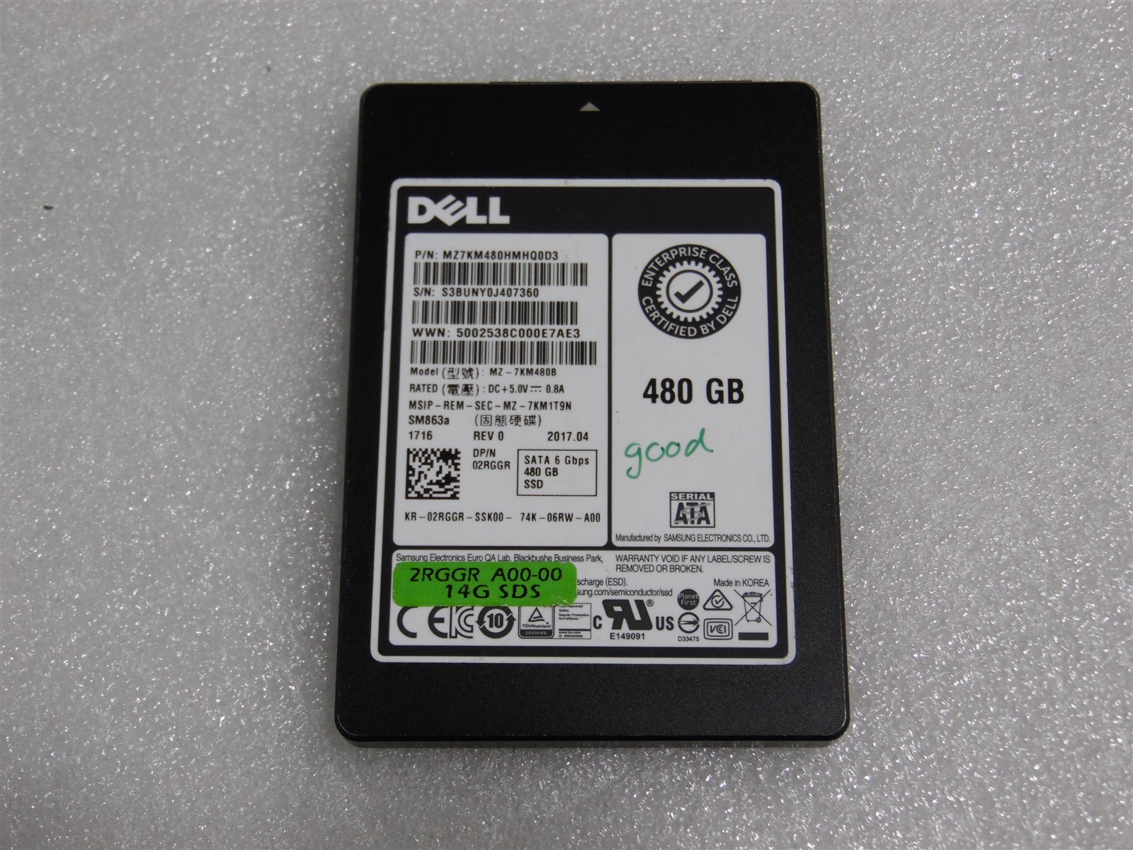 480GB 6G DELL SSD SATA 2.5" HDD R740 R750 R760 SERVER 2RGGR