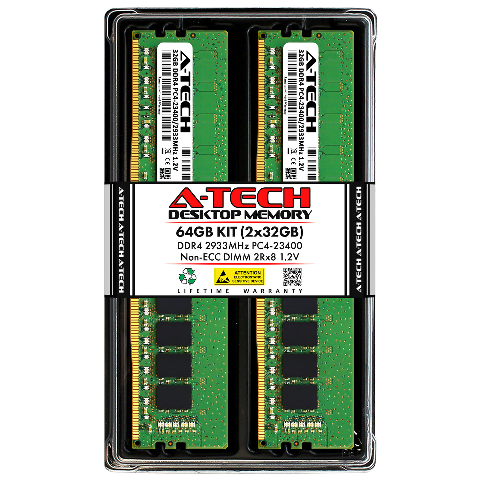 A-Tech 64GB 2x 32GB PC4-23400 Desktop DDR4 2933 Non-ECC DIMM 288-Pin Memory RAM
