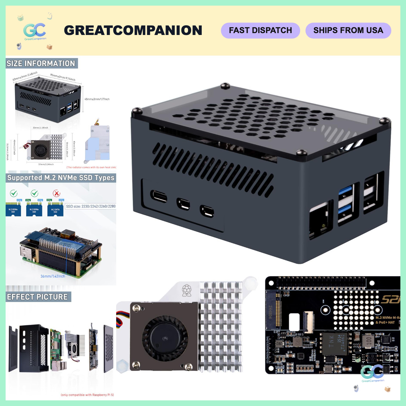M.2 NVMe M-Key PoE+ Hat for Raspberry Pi 5 with Active Cooler & Aluminum Case -