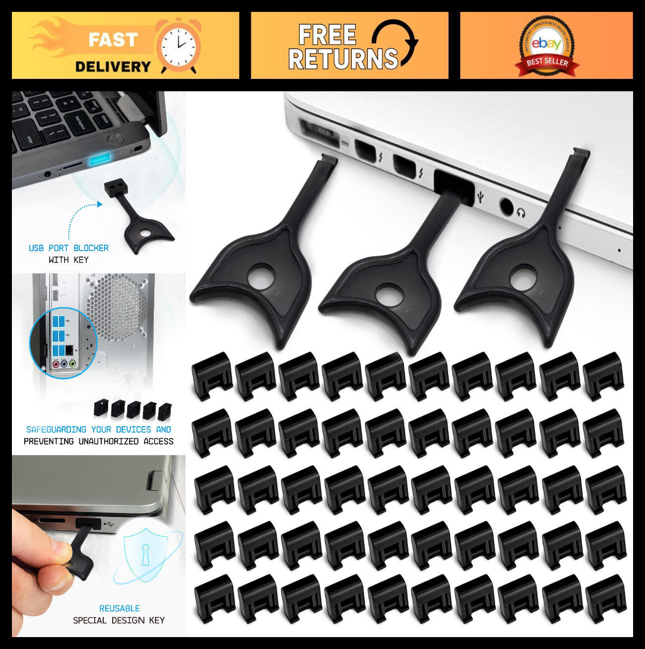 50-Pack USB-A Port Blockers - Key Lock Data Security, Dust & Moisture Resistant