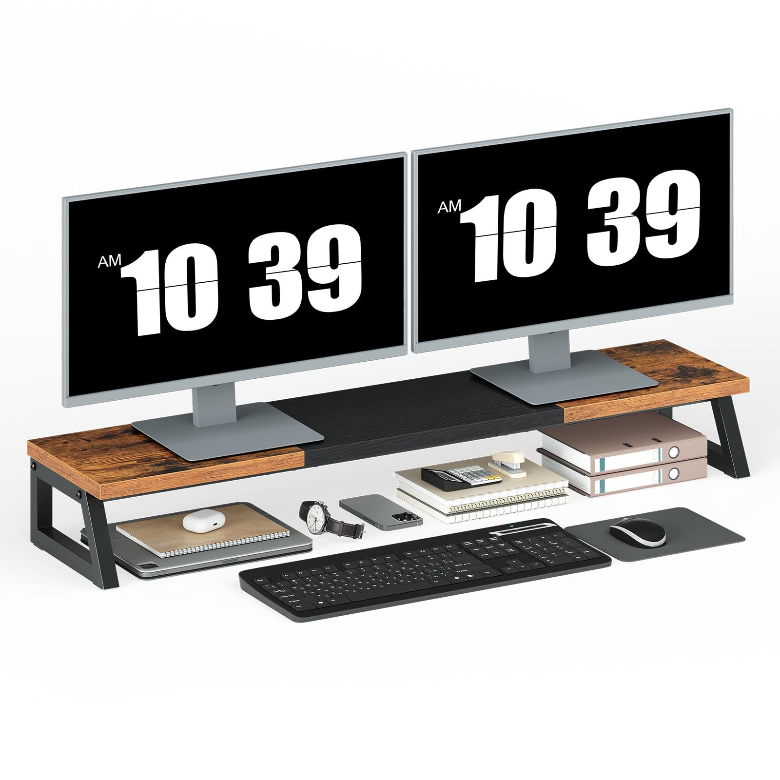 HOOBRO Dual Monitor Stand Riser, 39 Inch Large 4.9"H, Rustic Brown + Black