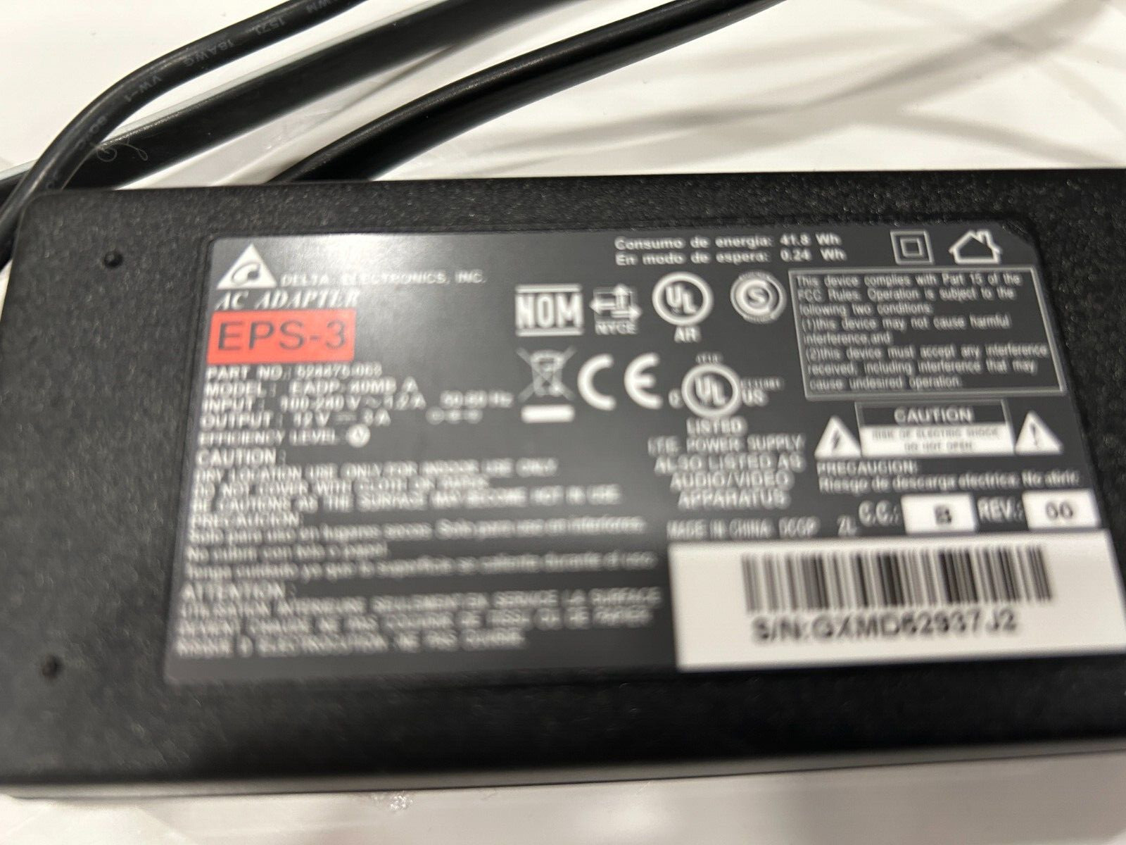 DELTA ELECTRONICS AC ADAPTER EPS-3 ( #1 )  MODEL EADP-40MB A - 2 Prong