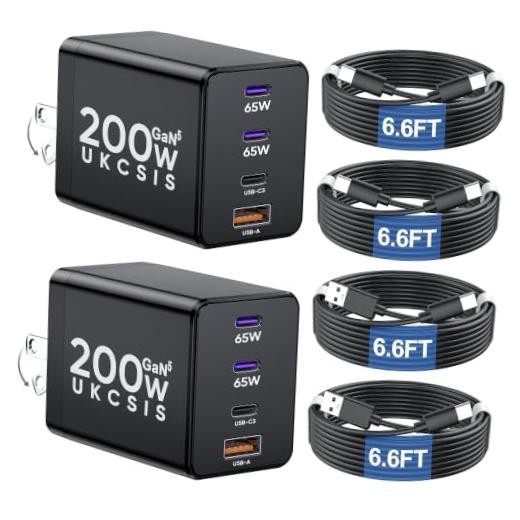 200W USB C Charger Block, Foldable GaN5 Dual 65W Fast Charger USB C 2 Pack Black