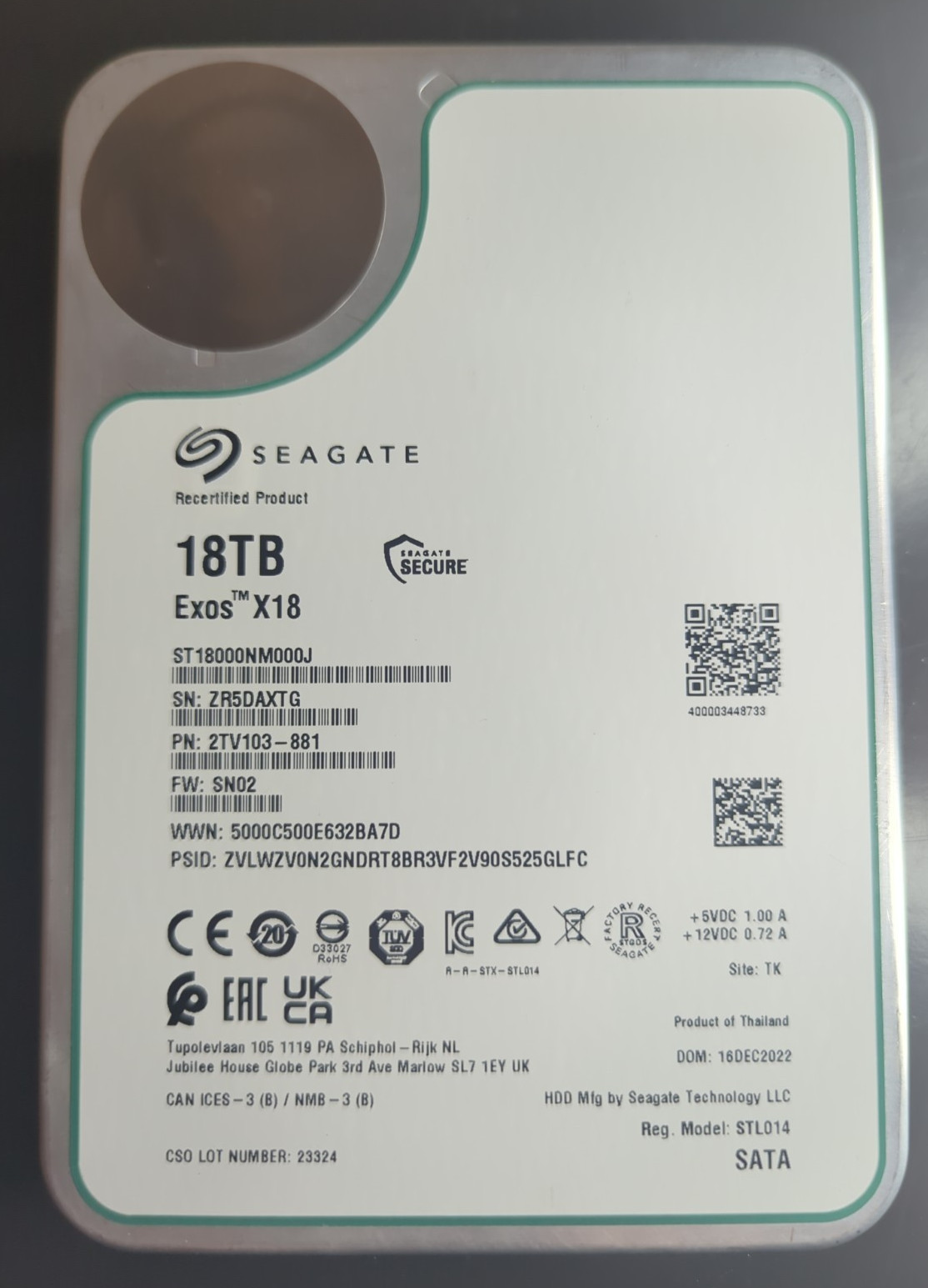 ST18000NM000J Seagate Exos X18 18TB 7.2K RPM SATA 6Gb/s 3.5"  Recertified HDD