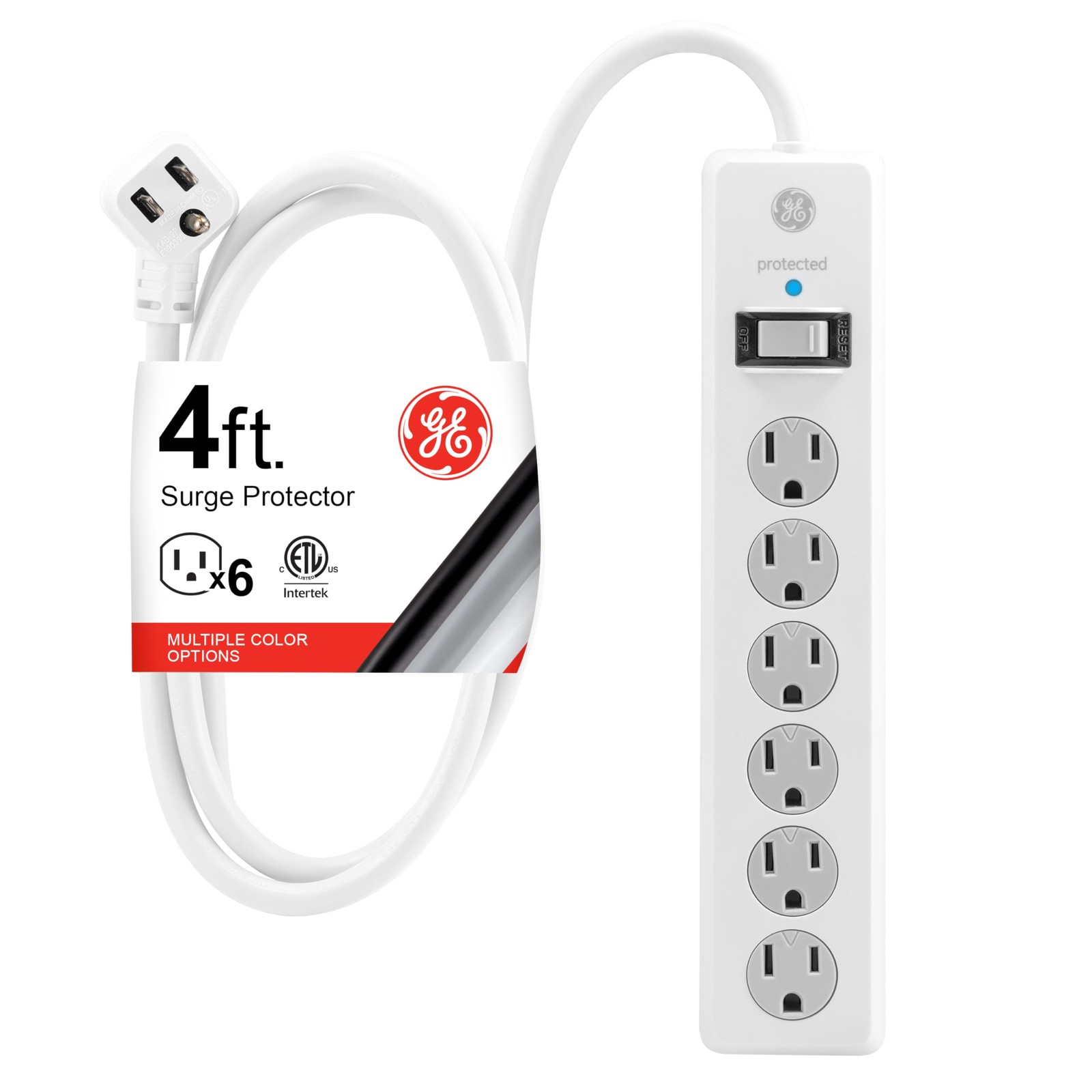 GE 6-Outlet Surge Protector 800 Joules Power Strip 4ft Cord Flat Plug White