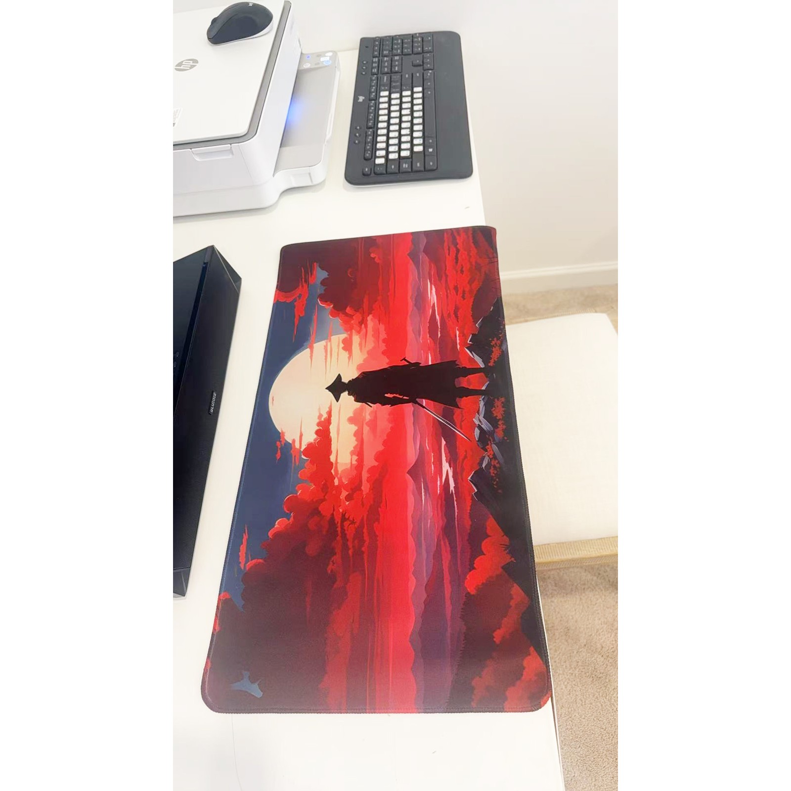 Red Moon Samurai Silhouette Large Gaming Mouse Pad 23.6"x11.5" Non-Slip Desk Mat