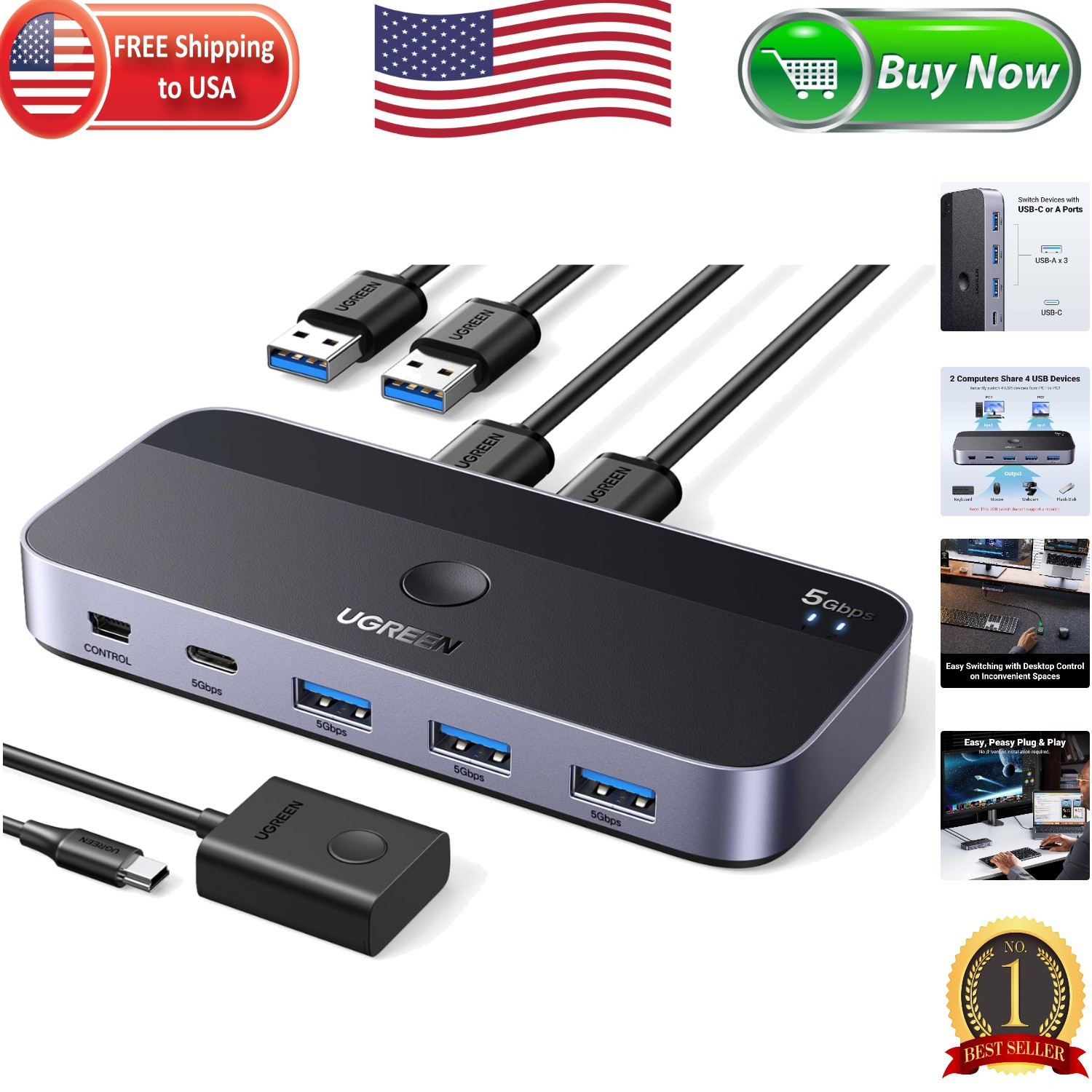 Compact USB 3.0 Switcher for 2 PCs - Share Keyboard, Mouse & More Effortlessly