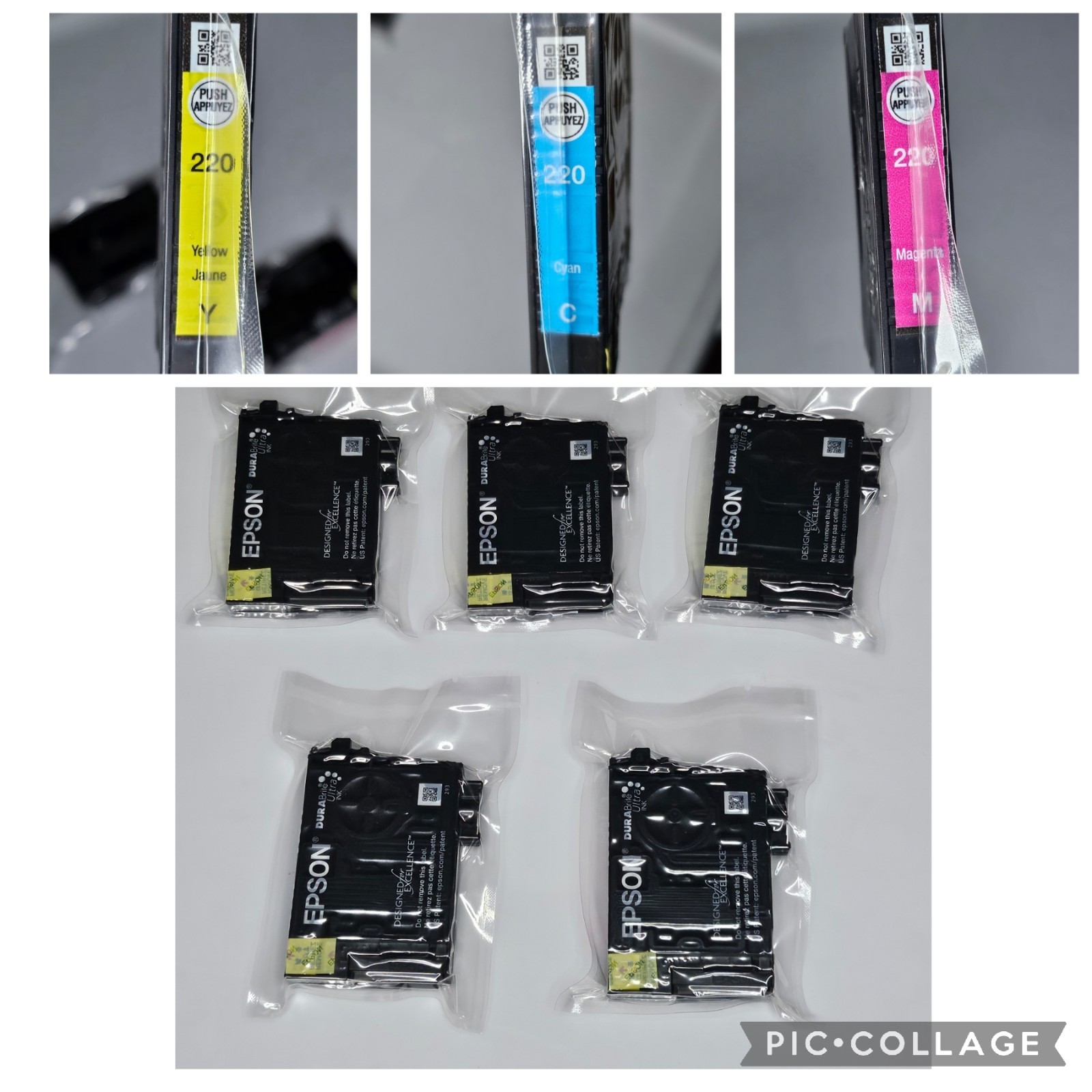 New Lot Set of 5 Epson 220 Color Ink Cartridges 3 Yellow 1 Cyan 1 Magenta