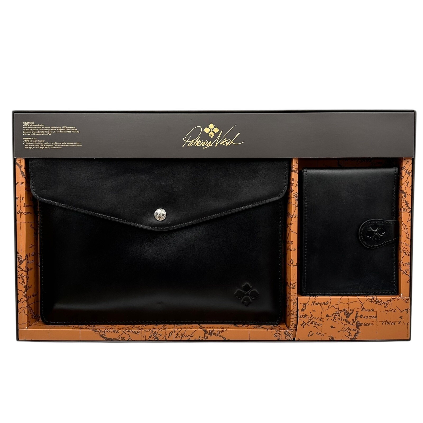 Patricia Nash Leather Tablet Holder & Passport Case Gift Set Black Matching Set