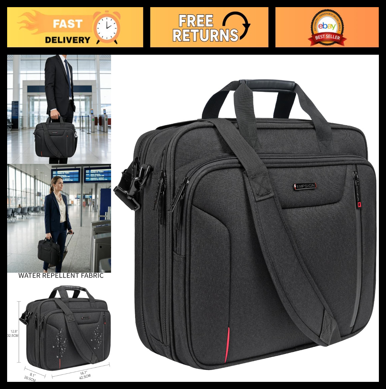 Stylish 17.3 Inch Laptop Briefcase, Expandable Messenger Bag, Water Repellent, O