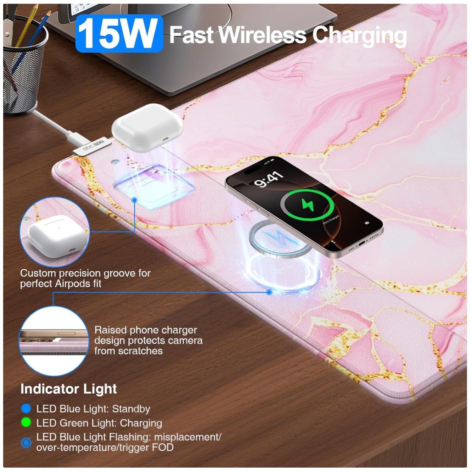 Pink Marble 15W Wireless Charging Mouse Pad 31.5"x15.8"
