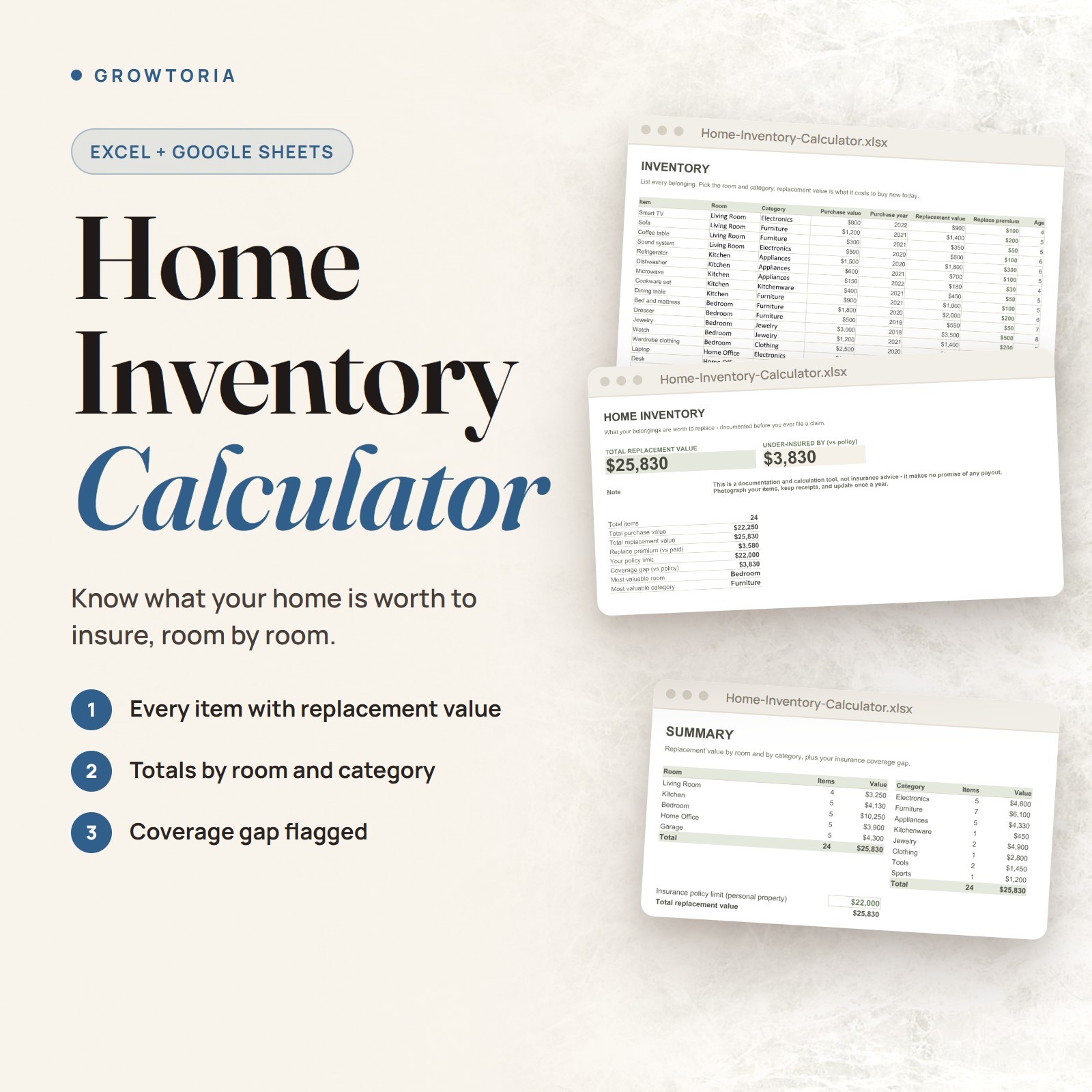 Home Inventory Spreadsheet for Insurance Claims Excel Google Sheets Moving List