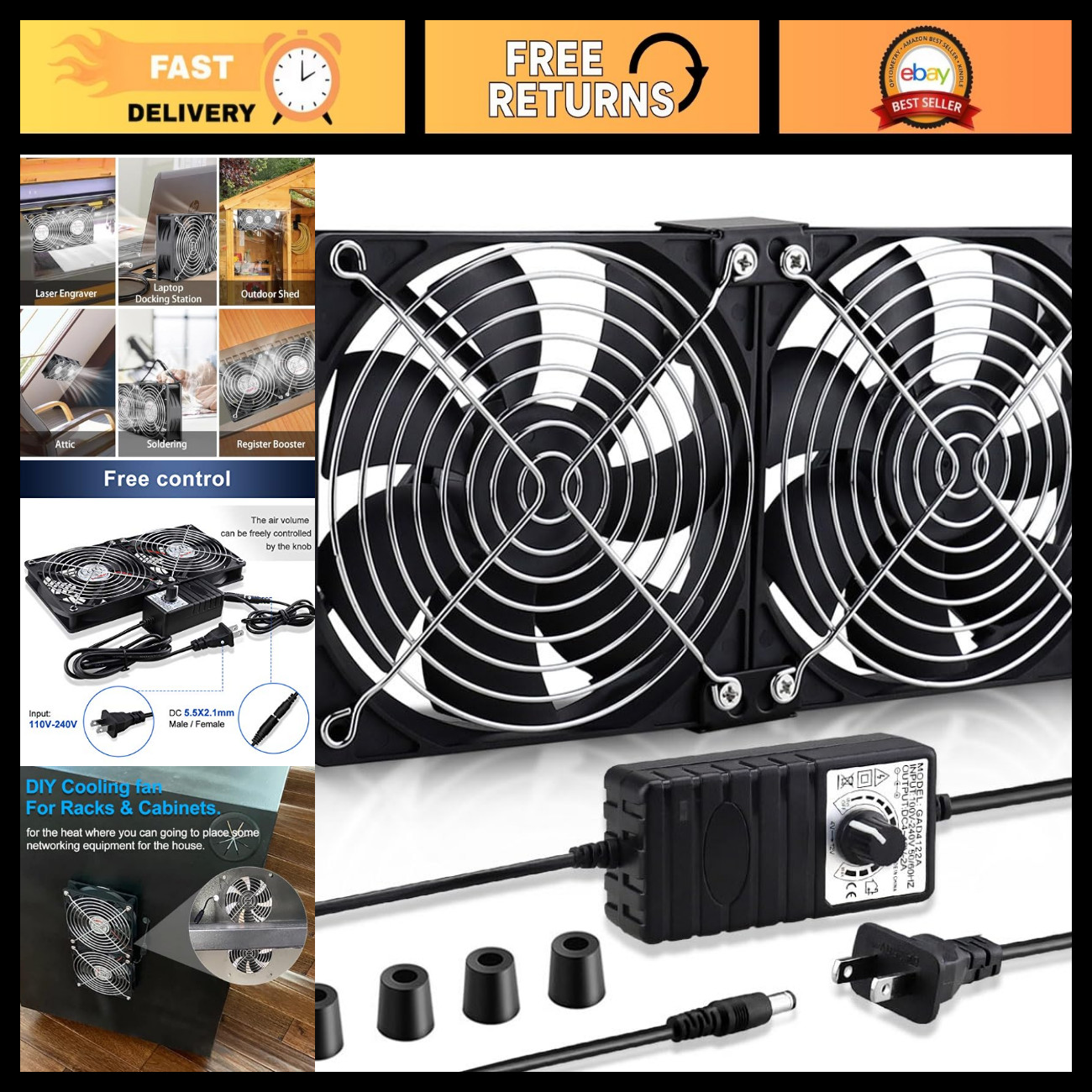 2 Pack 120mm & 240mm AC Plug Computer Cabinet Fans - 110V/240V Cooling Solution