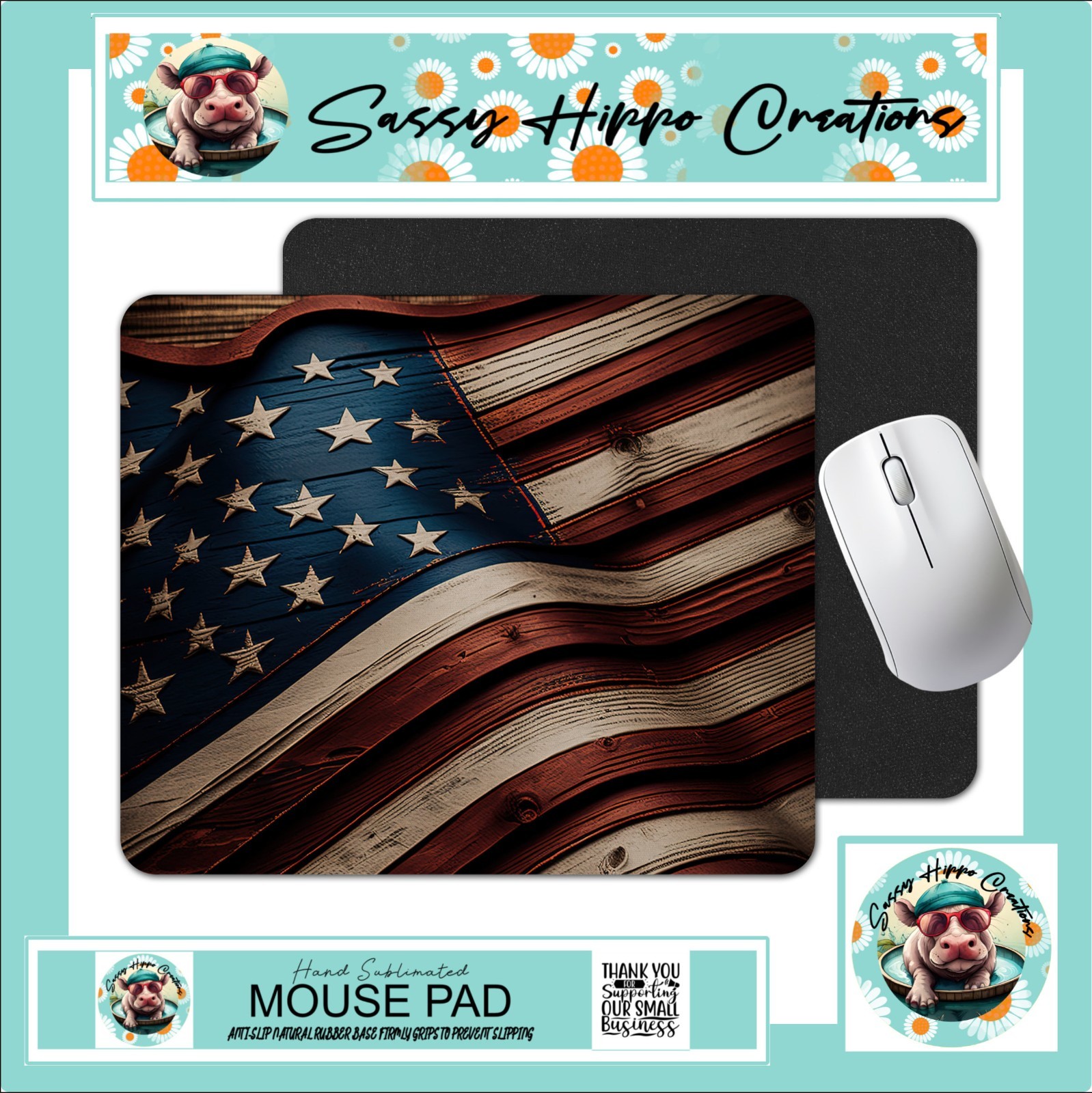 Mouse Pad Rustic American Flag Patriotic Old Anti Slip Back Easy Clean Sublimate