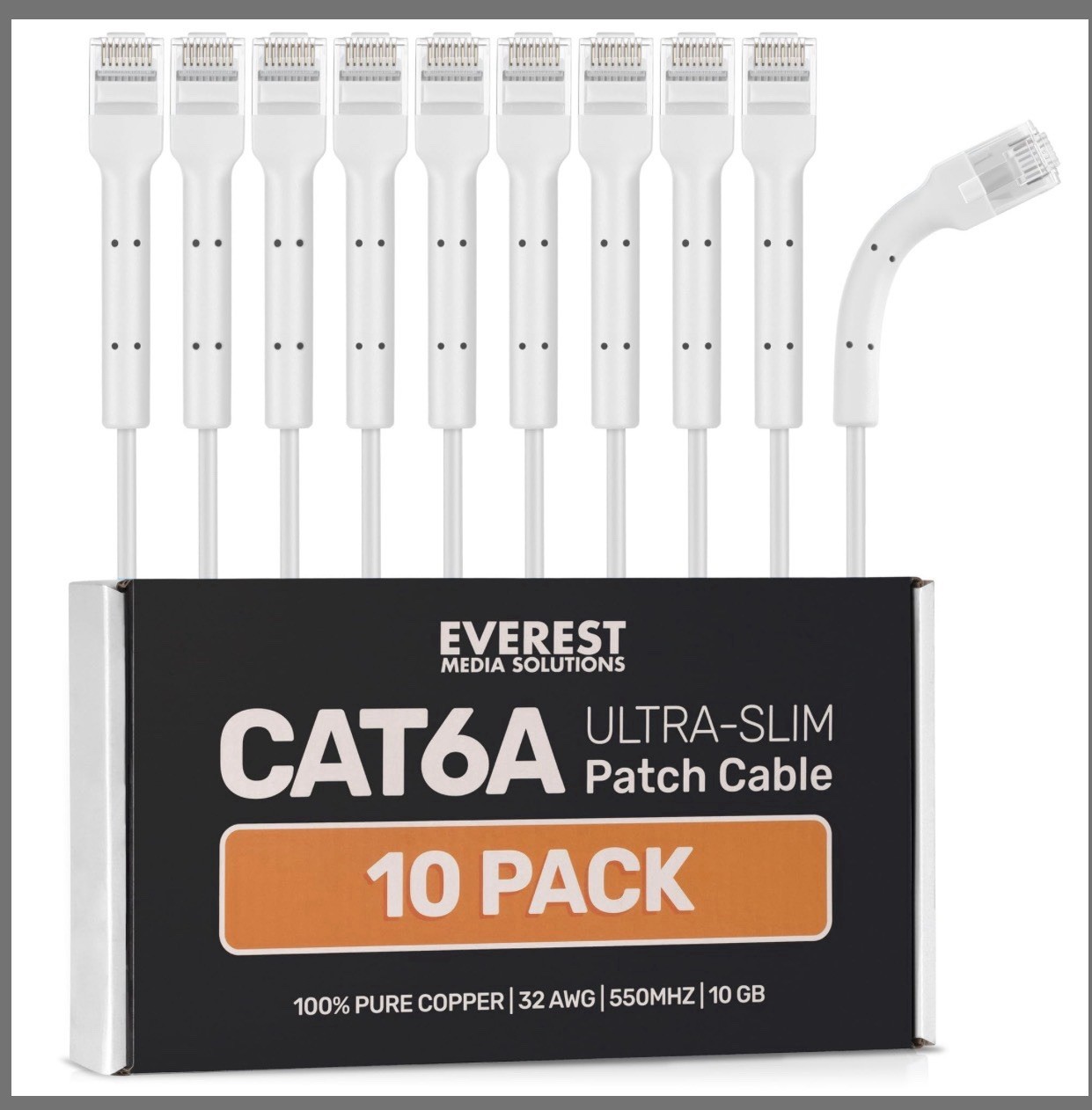 Everest Ultra Slim Cat6a Ethernet Patch Cables 2ft 10-Pack White - 10GB 32awg