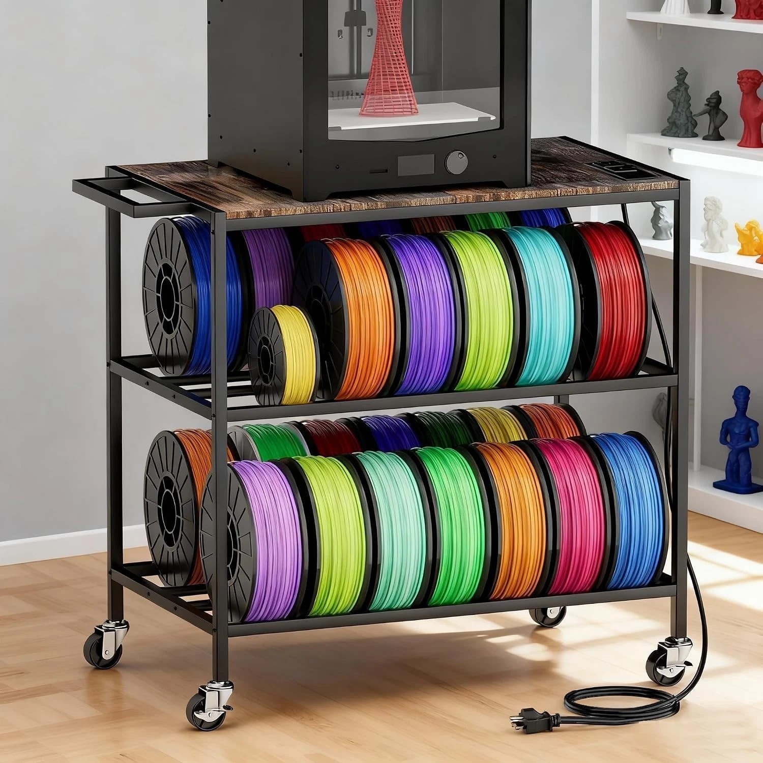 3D Printer Stand with Filament Storage, Heavy Duty Rolling Printer Cart on Wh...