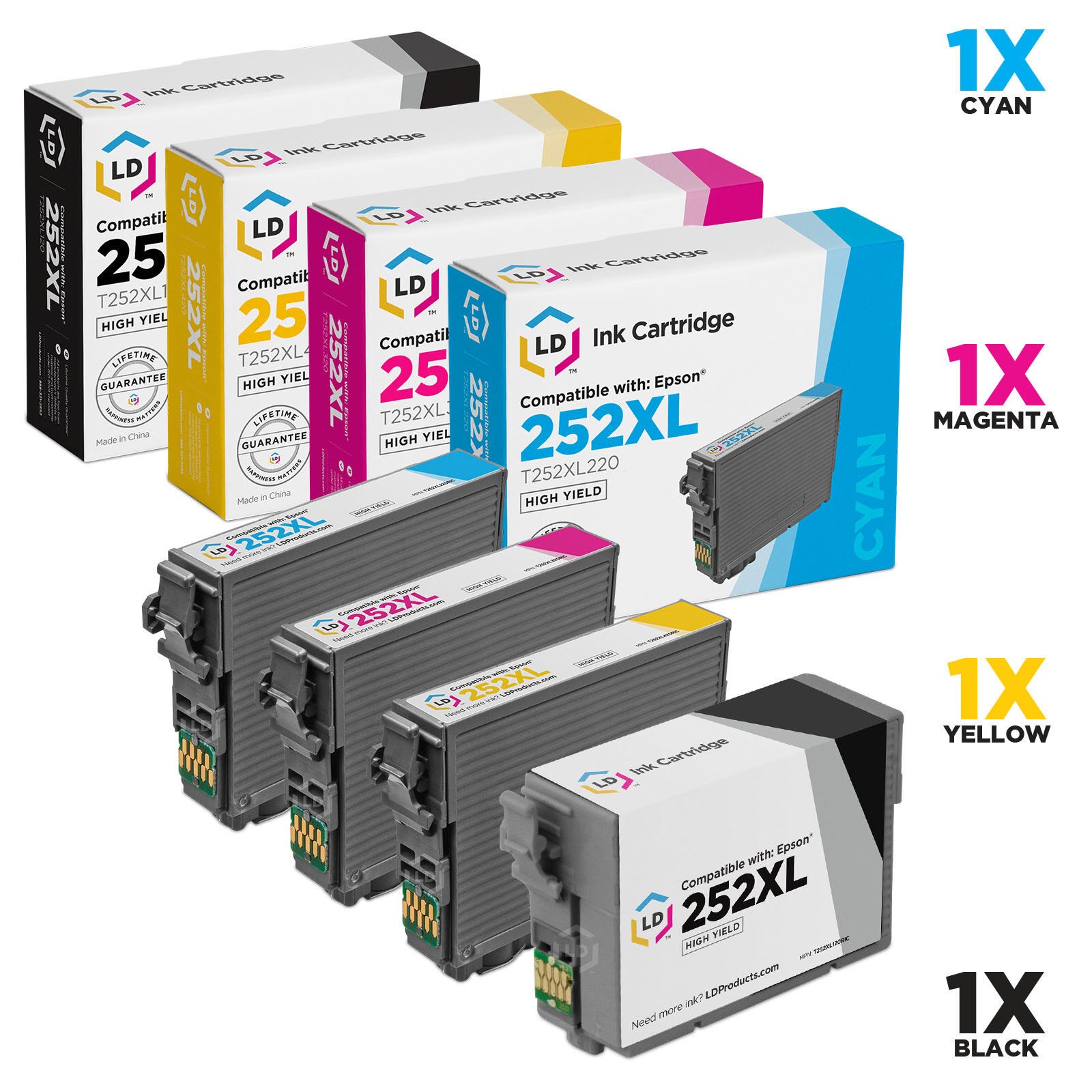 LD 4Pk Reman Cartridges for Epson Ink 252 XL 252XL  Black Cyan Magenta Yellow