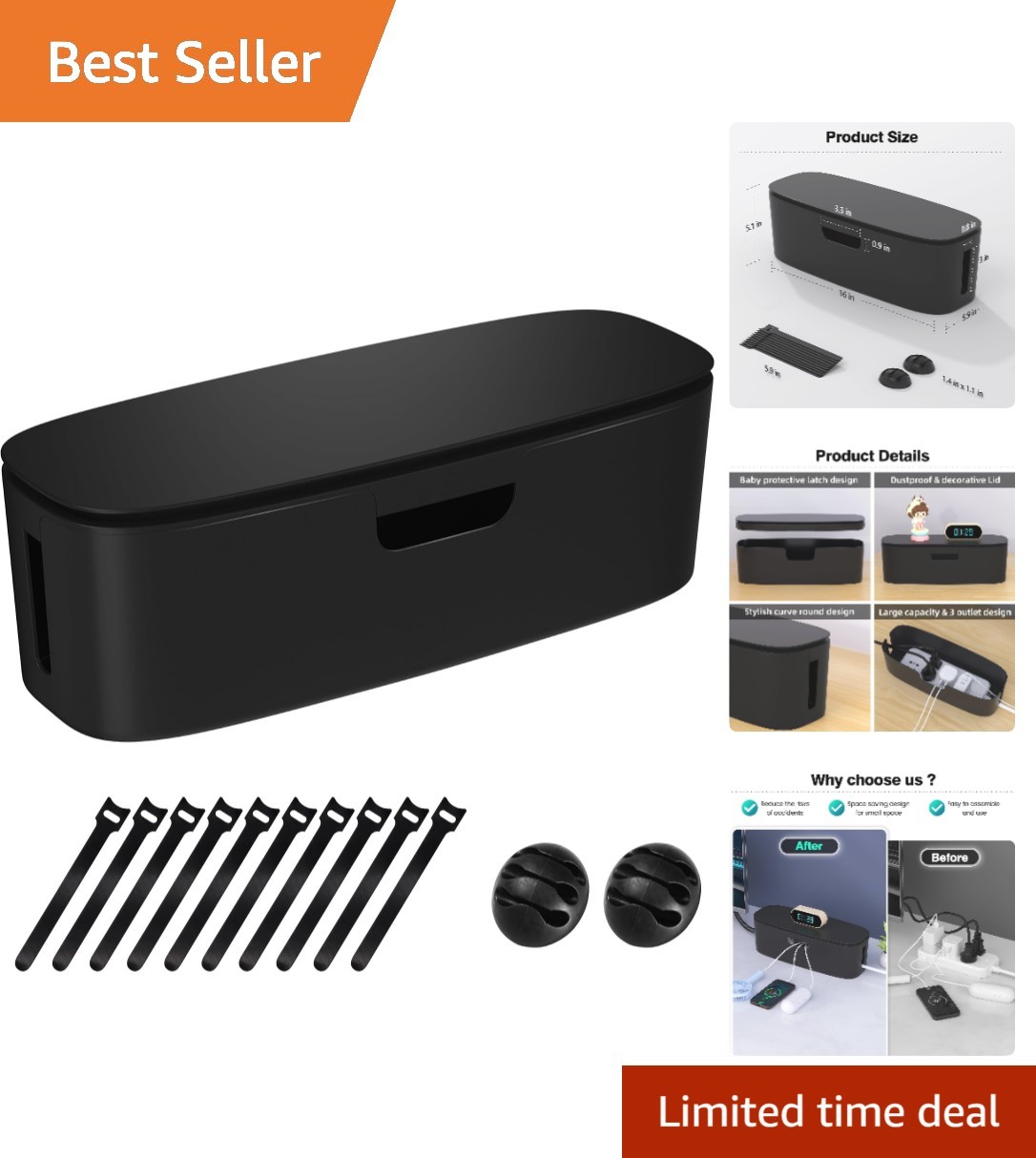 Sleek Black Cable Organizer Box - Perfect for Home & Office Cord Management