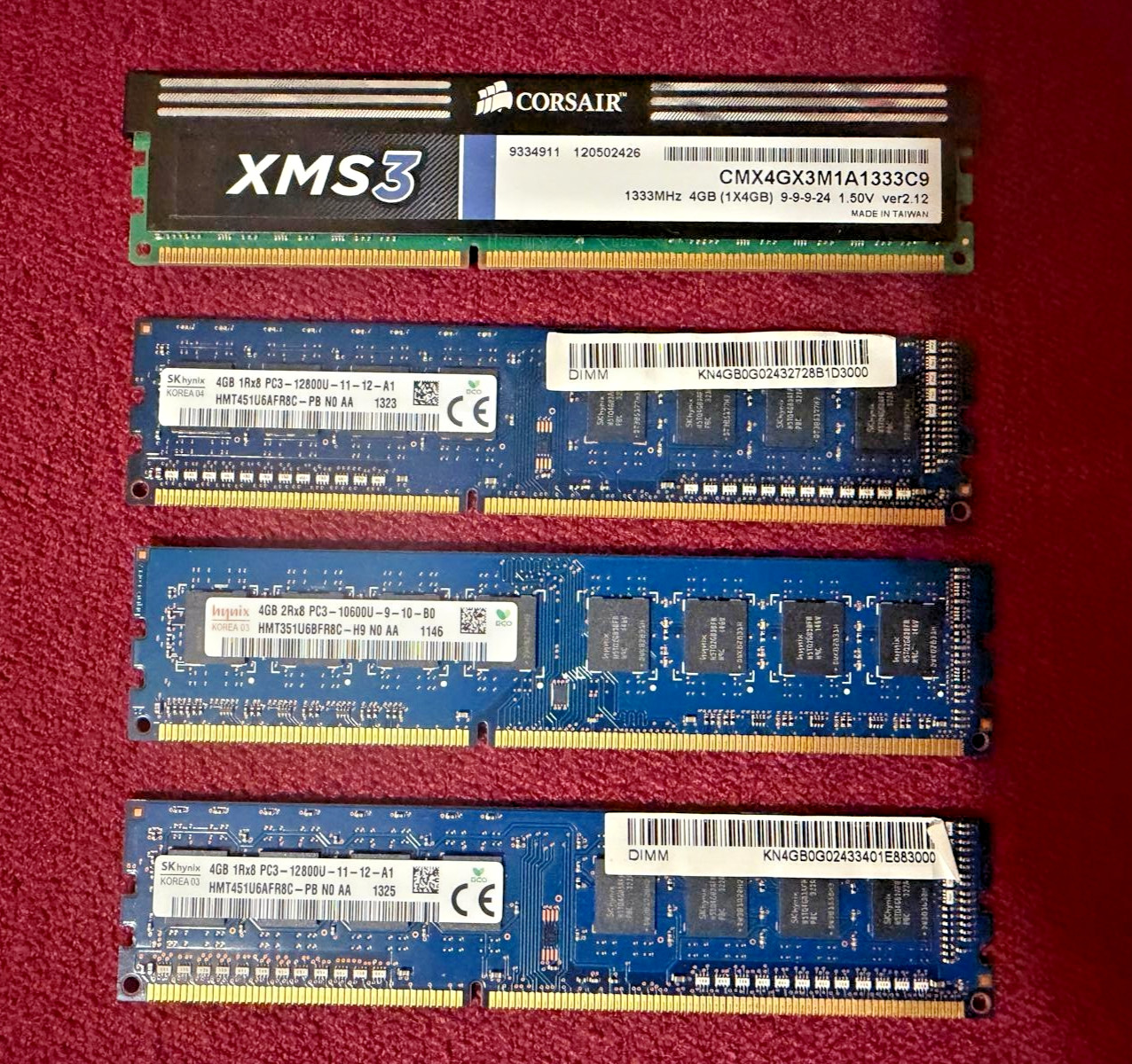 16GB DDR3 Desktop RAM Lot 4x4GB SK Hynix + Corsair XMS3 1333/1600MHz