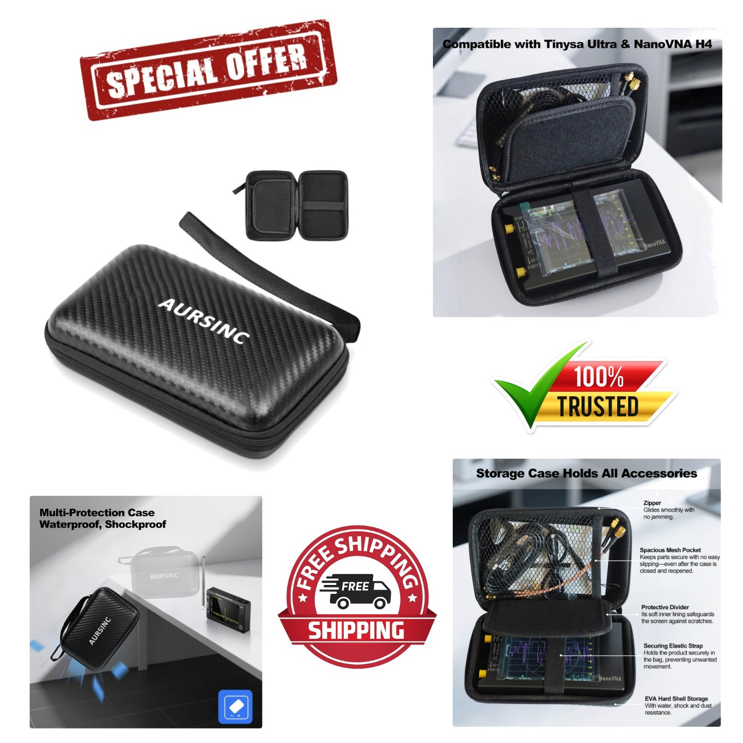 AURSINC 4 Inch Hard EVA Protective Case for NanoVNA H4/TinySA Ultra - Waterproof