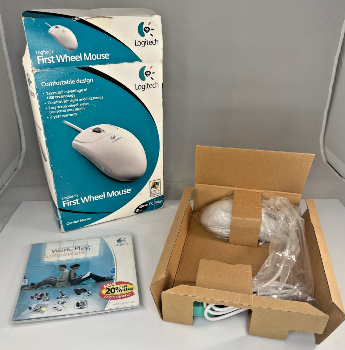 Logitech First Pilot Wheel Mouse USB Wired Mechanical Ball, NOS, open box M-BE58