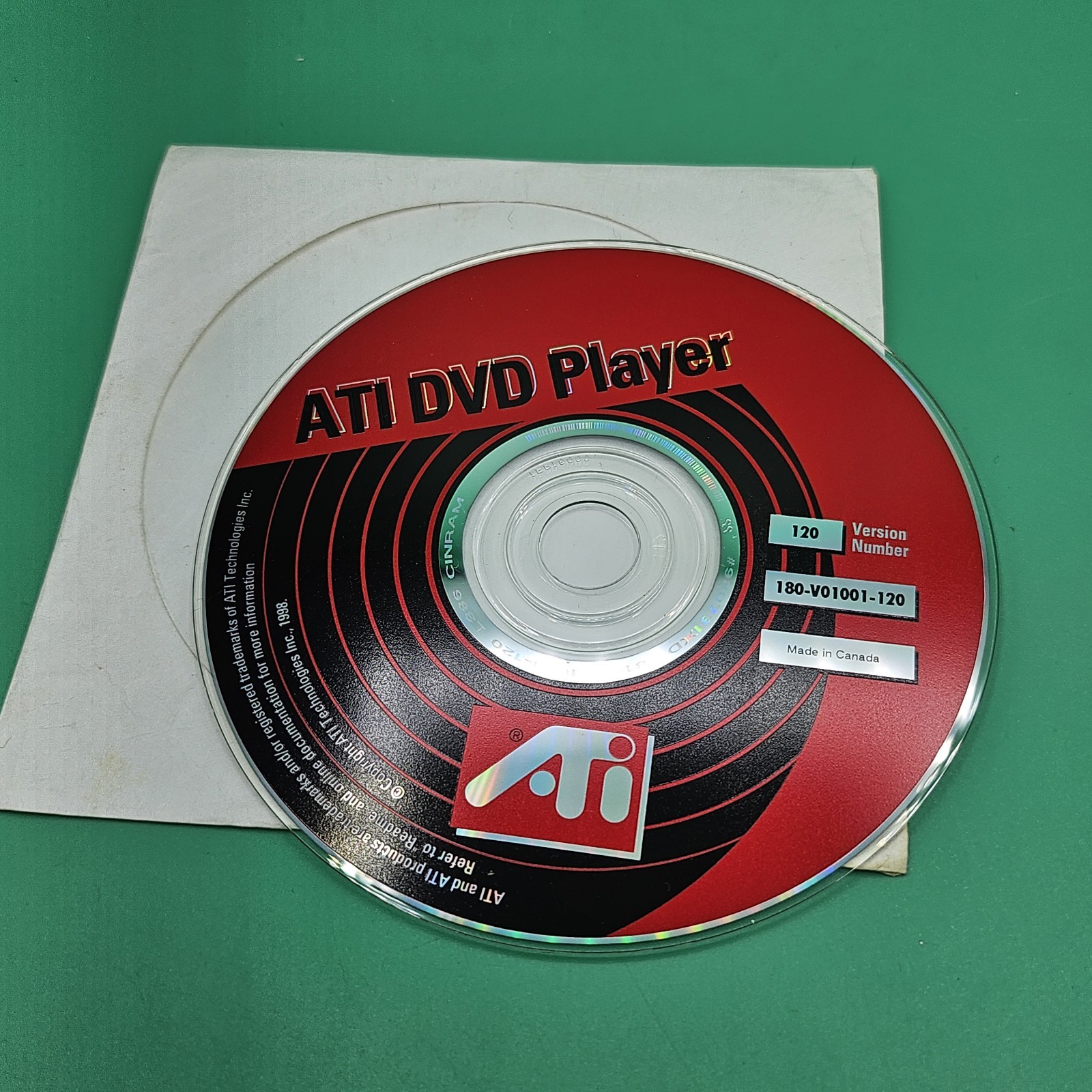 ATI DVD Player Version Number 120 1998 Driver CD-ROM 180-V01001-120 Vintage Disc