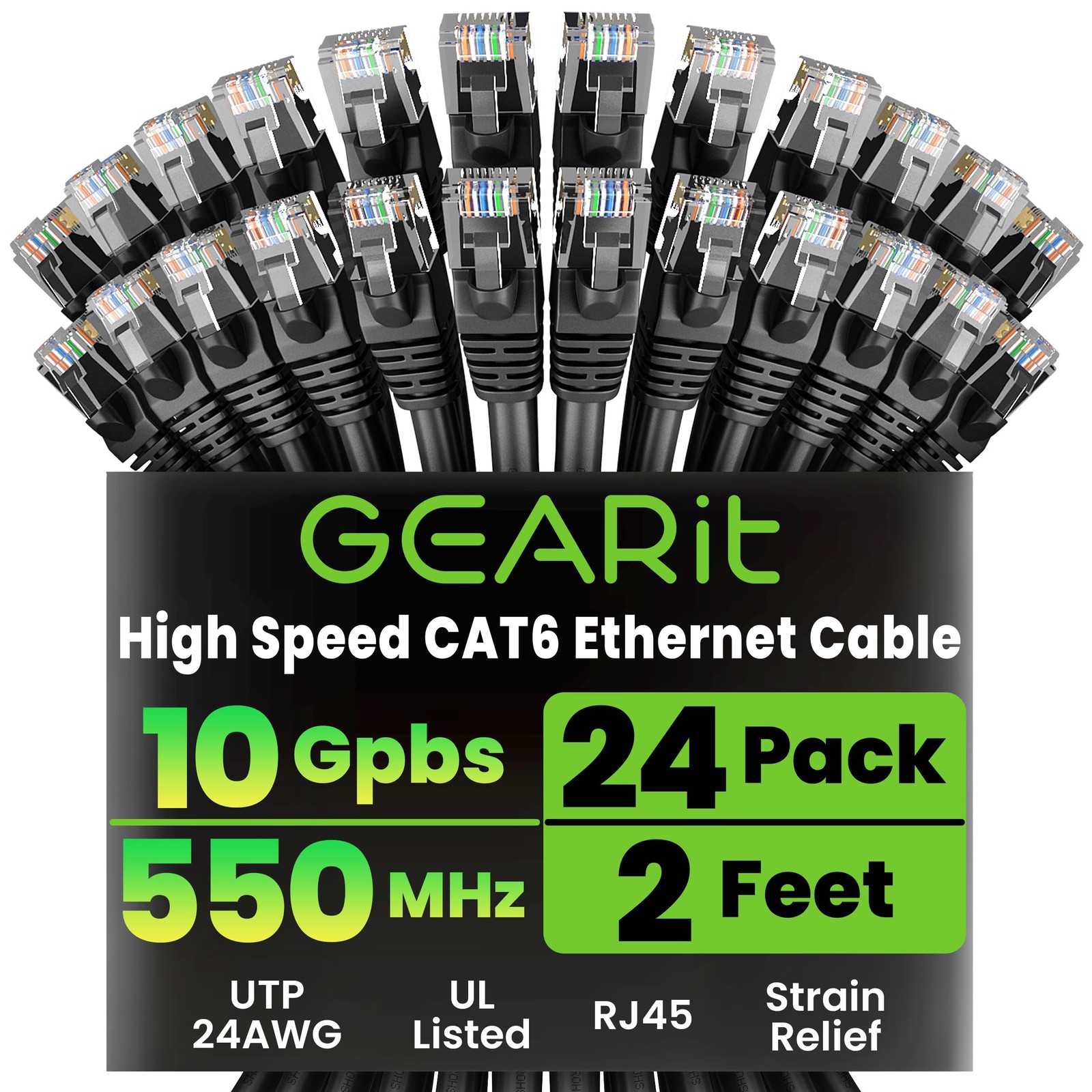 GEARit Cat6 Patch Cables Cat 6 Ethernet Cable 2 ft 24-Pack Black 2 Feet,