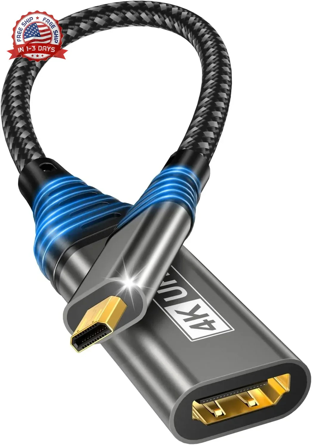 Micro HDMI to HDMI Adapter,4K@60Hz 3D 1080P Type D to A adapter cable supports E