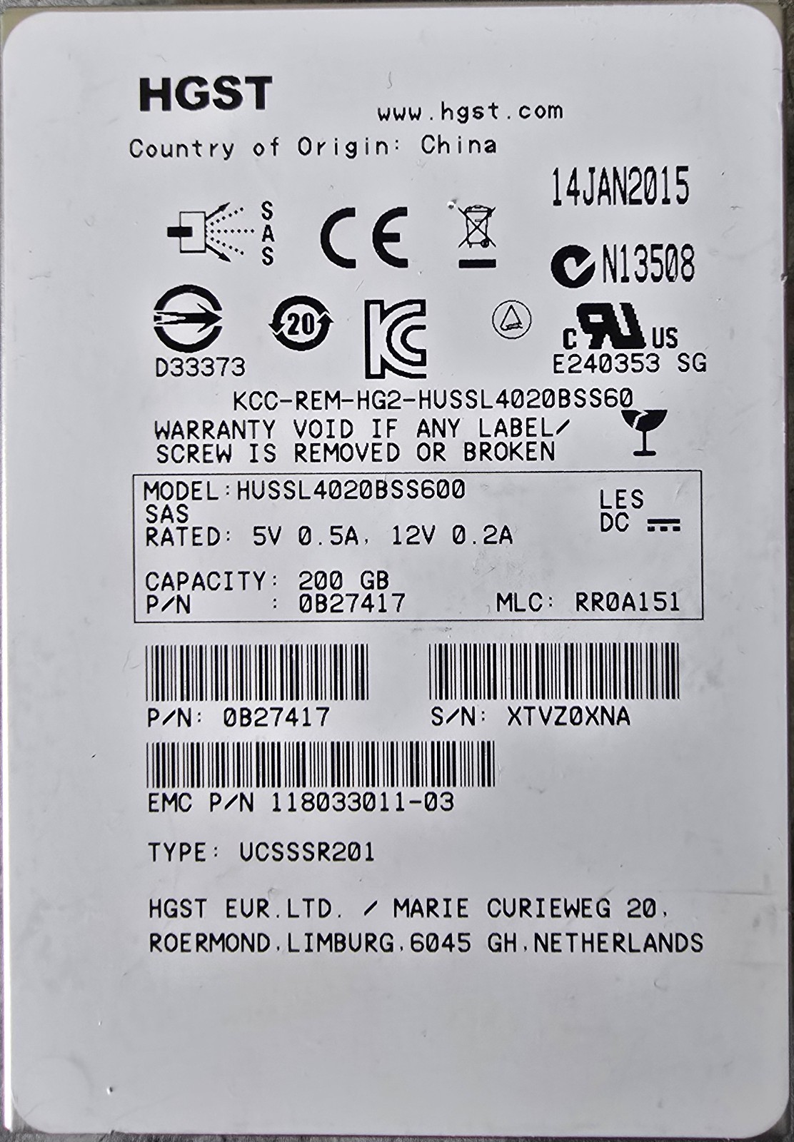 EMC 200GB SAS SSD (HGST OEM)