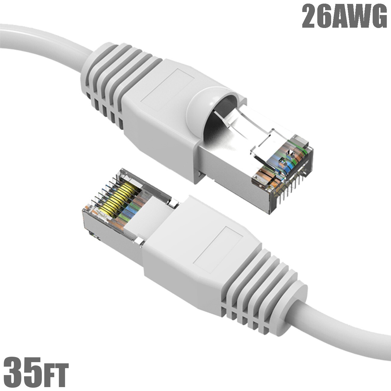 35FT Cat6A RJ45 Network LAN Ethernet SSTP Cable Shielded Copper Wire 26AWG White