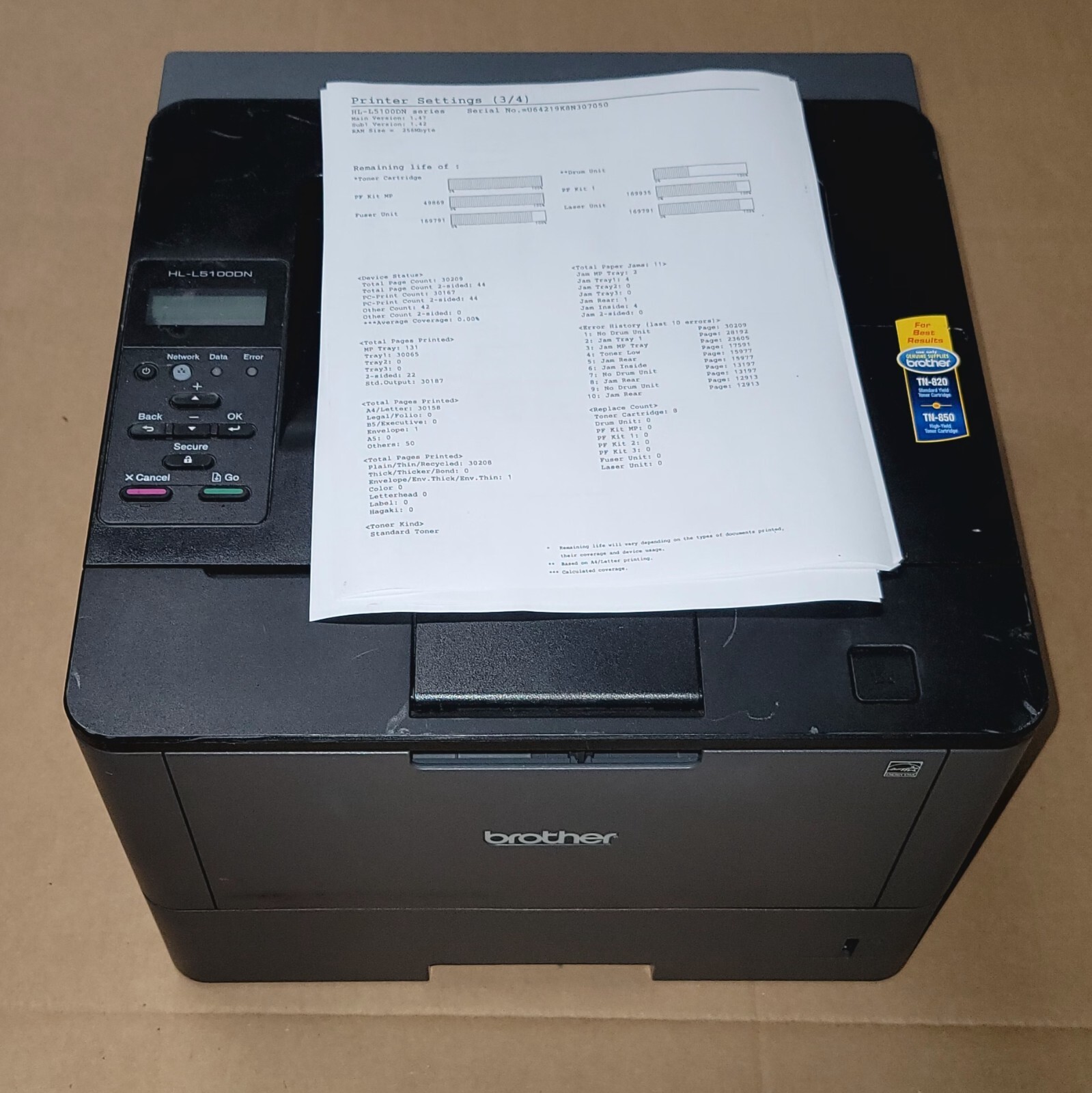 Brother HL-L5100DN Monochrome Laser Printer NO DRUM/TONER