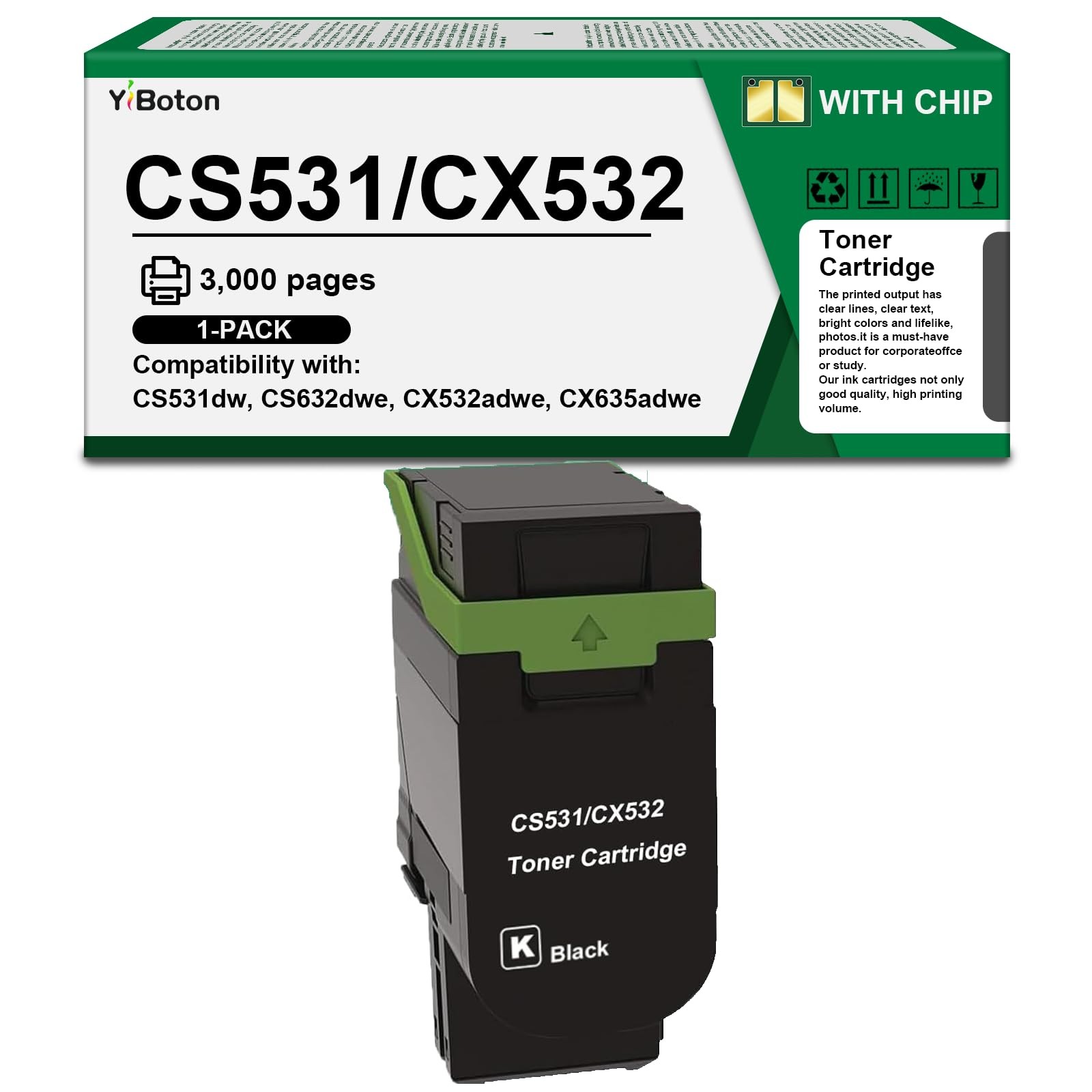 YiBoton High Yield CS531 CX532 Black Toner Cartridge Medium, YBT-CS531 BK