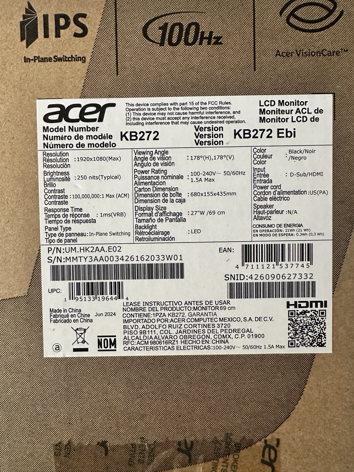 Acer KB2 Series 27" FHD Monitor Model KB272 EBI