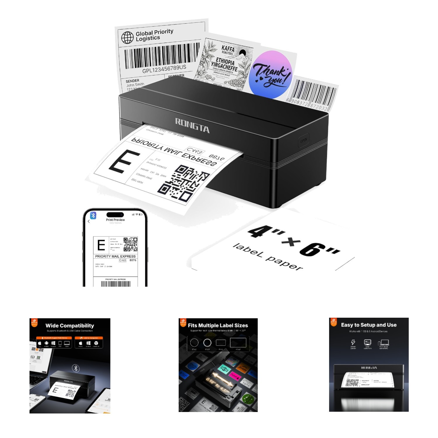 Thermal Shipping Label Printer 4x6 Bluetooth Shipping Printer Small Business