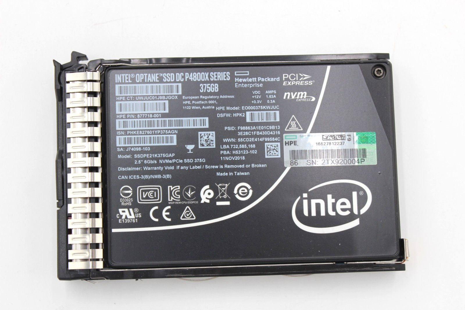 HPE Intel Optane P4800X 375GB NVMe 2.5" SSD SSDPE21K375GAP w/ HDD Caddy P02559 ✅