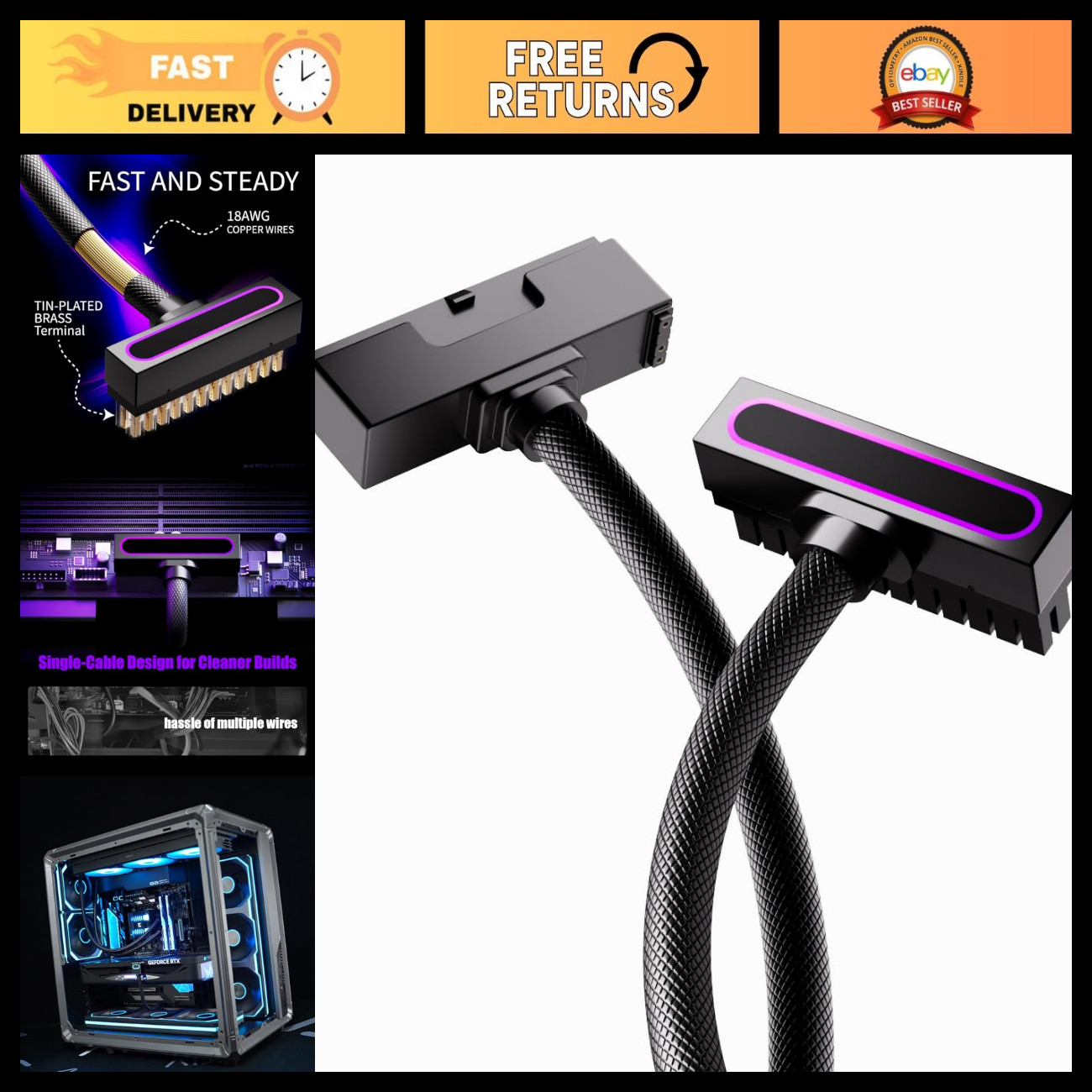 24PIN PSU Extension Cable, ARGB 5V 3Pin, 18AWG Right-Angle 30CM - Clean PC Build