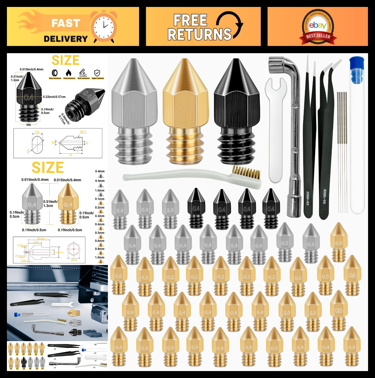 50 Pcs 3D Printer Nozzles Set - Hardened Steel, Brass, Mk8, High Temp, Wear Resi