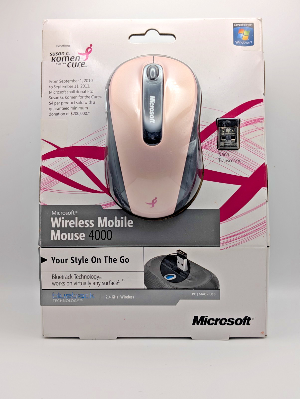 Microsoft Wireless Mobile Mouse 4000 Susan G Komen Light Orchid Pink Ribbon NOS