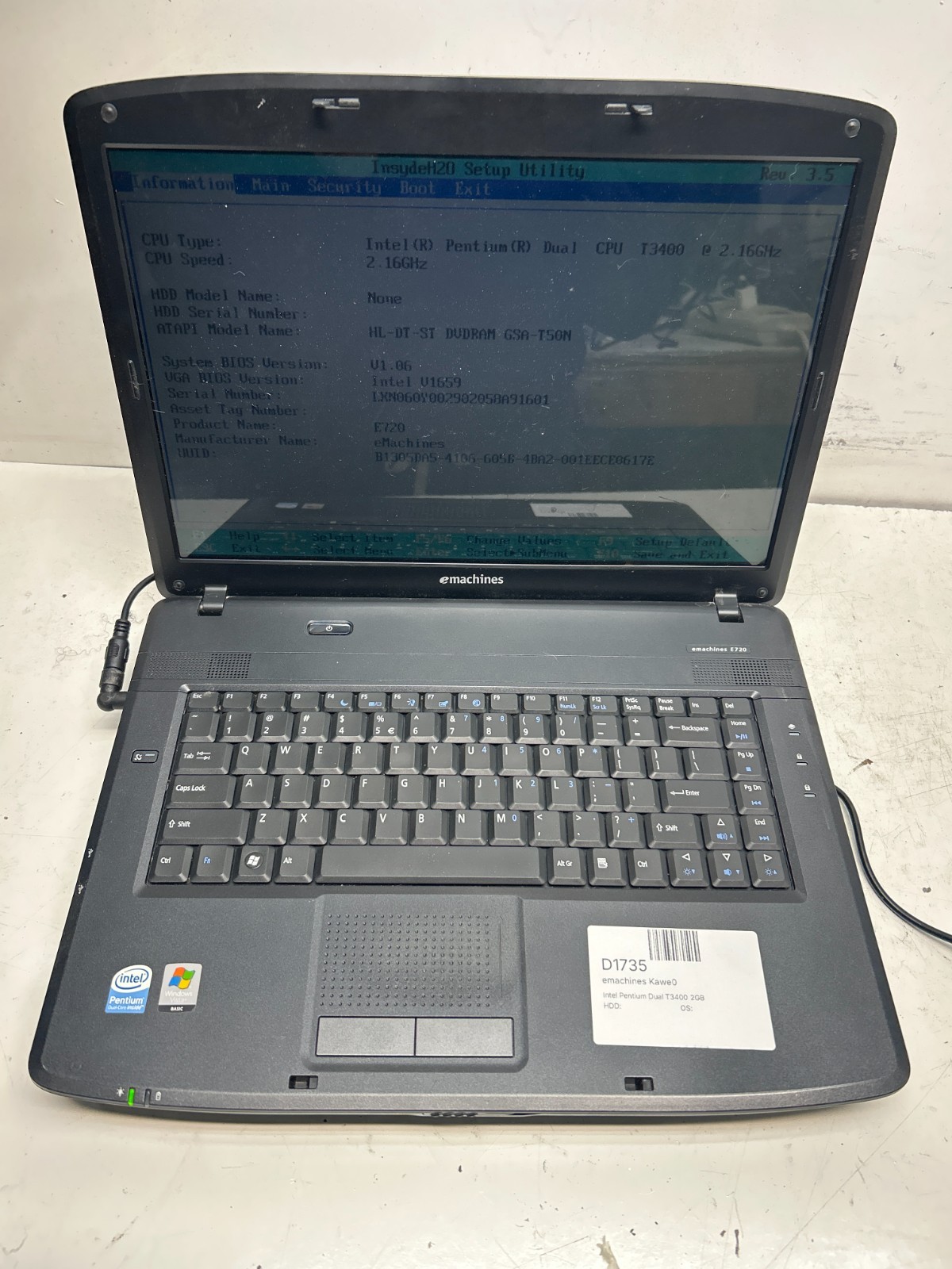 eMachines Kawe0 Intel Pentium Dual T3400 2.16GHz 2GB NO HDD