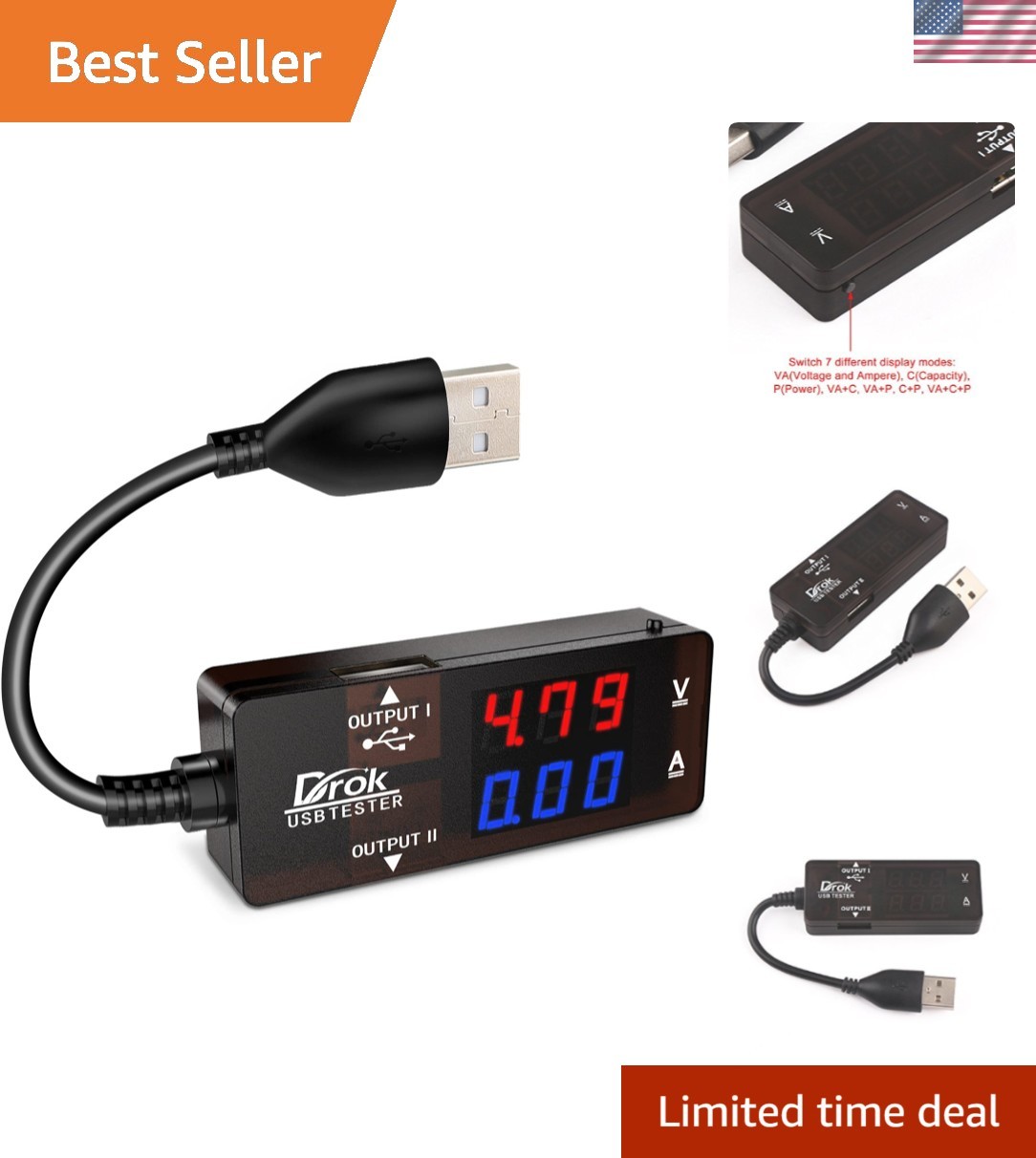 USB Tester, USB-A 2.0 Digital Multimeter Dual USB Output Ports PD QC 3.0 Colo...