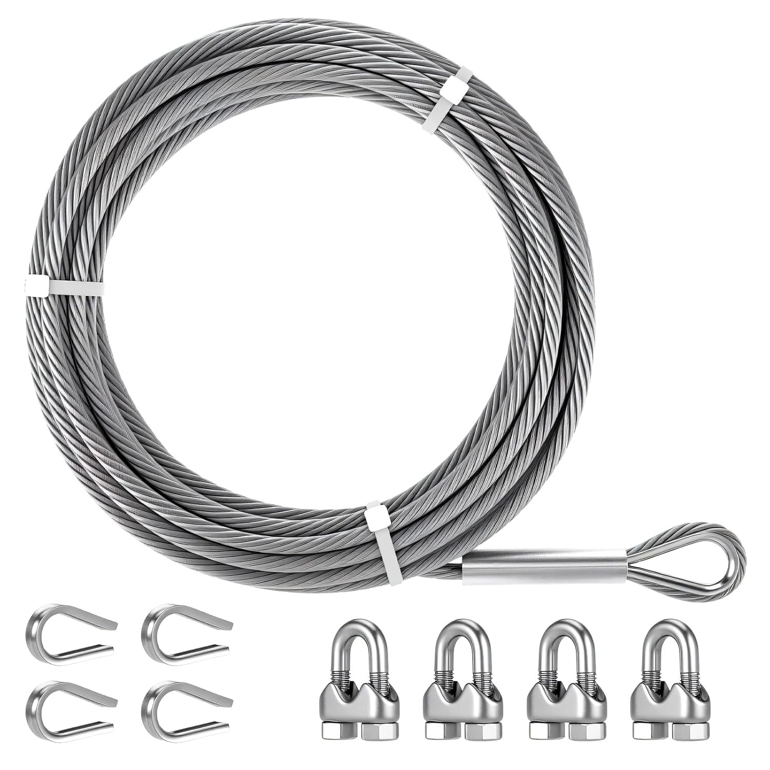 25ft 1/4 Inch Stainless Steel Cable with Loops, 6400lbs Breaking Strength