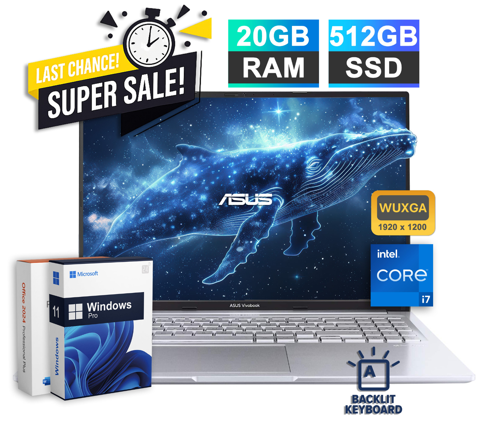2026 ASUS Vivobook 16" Laptop Office 2024 Intel i7 20GB RAM & 512GB SSD Backlit