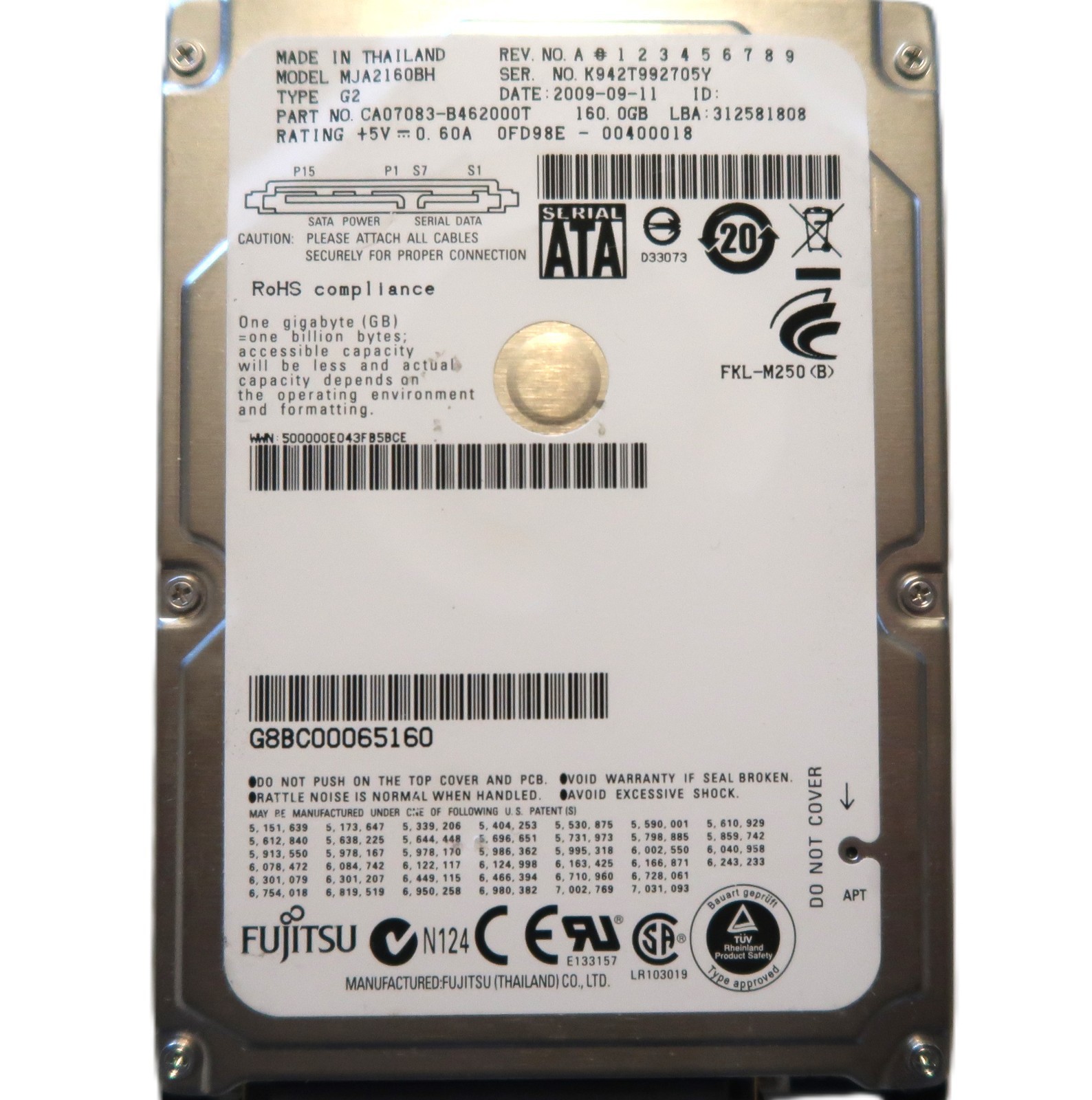 Fujitsu MJA2160BH G2 CA07083-B462000T 0FD98E-00400018 2.5" 160gb Sata Thailand