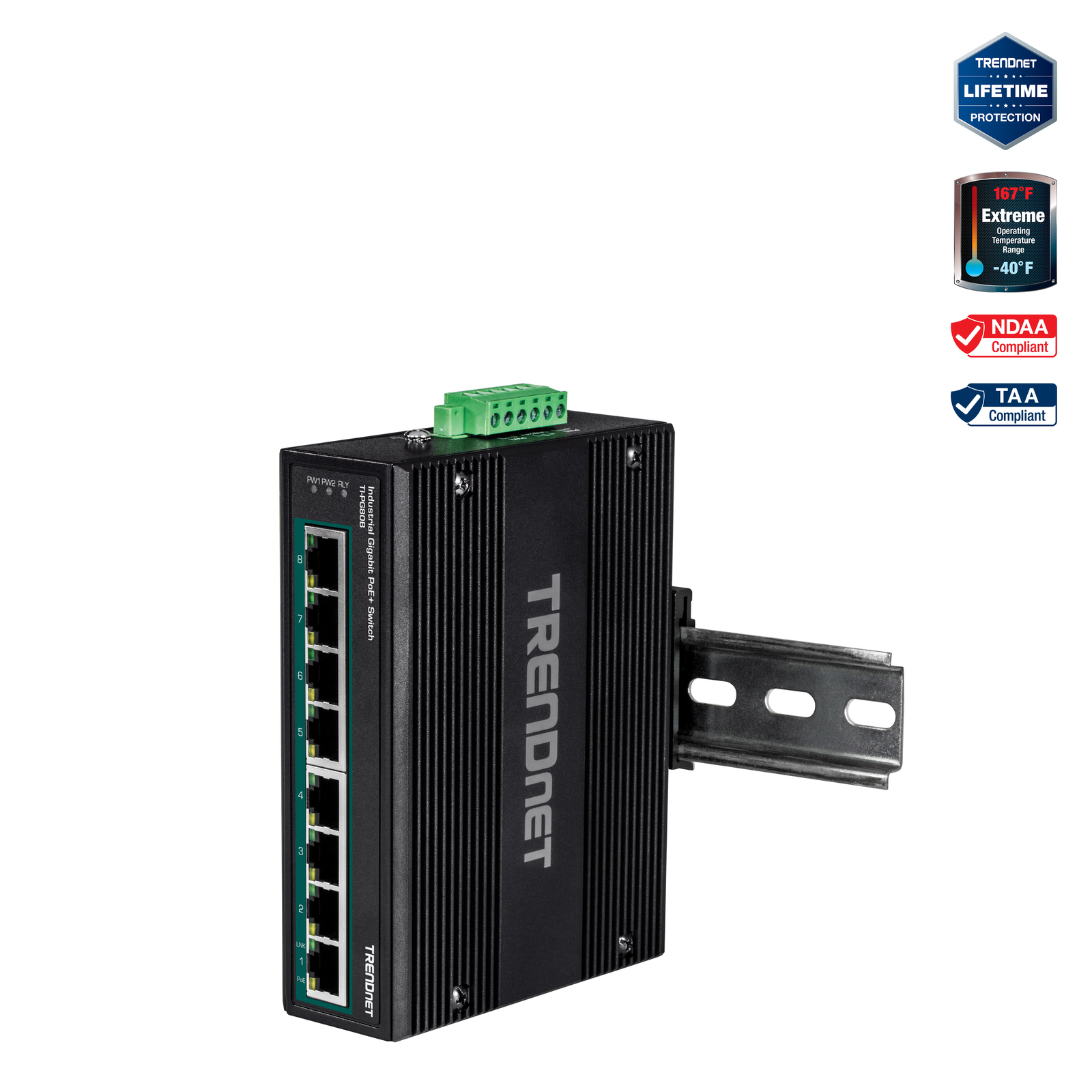 TRENDnet 8-Port Industrial Gigabit PoE+ DIN-Rail Network Switch (24 – 56V)
